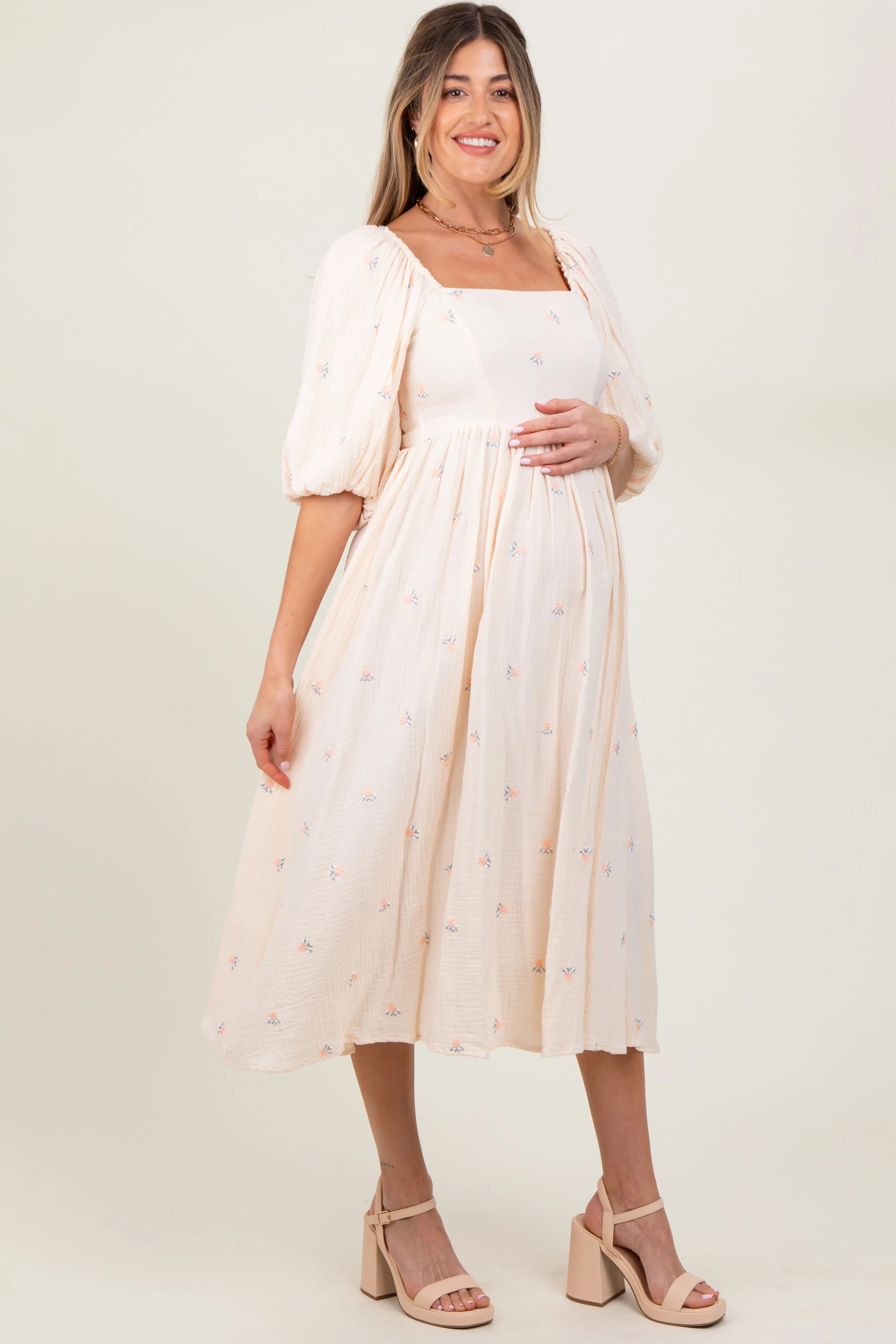 Cream Floral Maternity Midi Dress PinkBlush