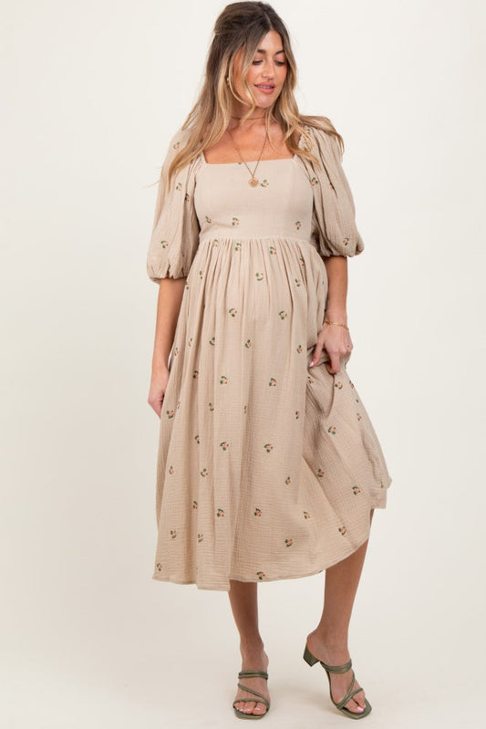 Taupe Floral Maternity Midi Dress PinkBlush