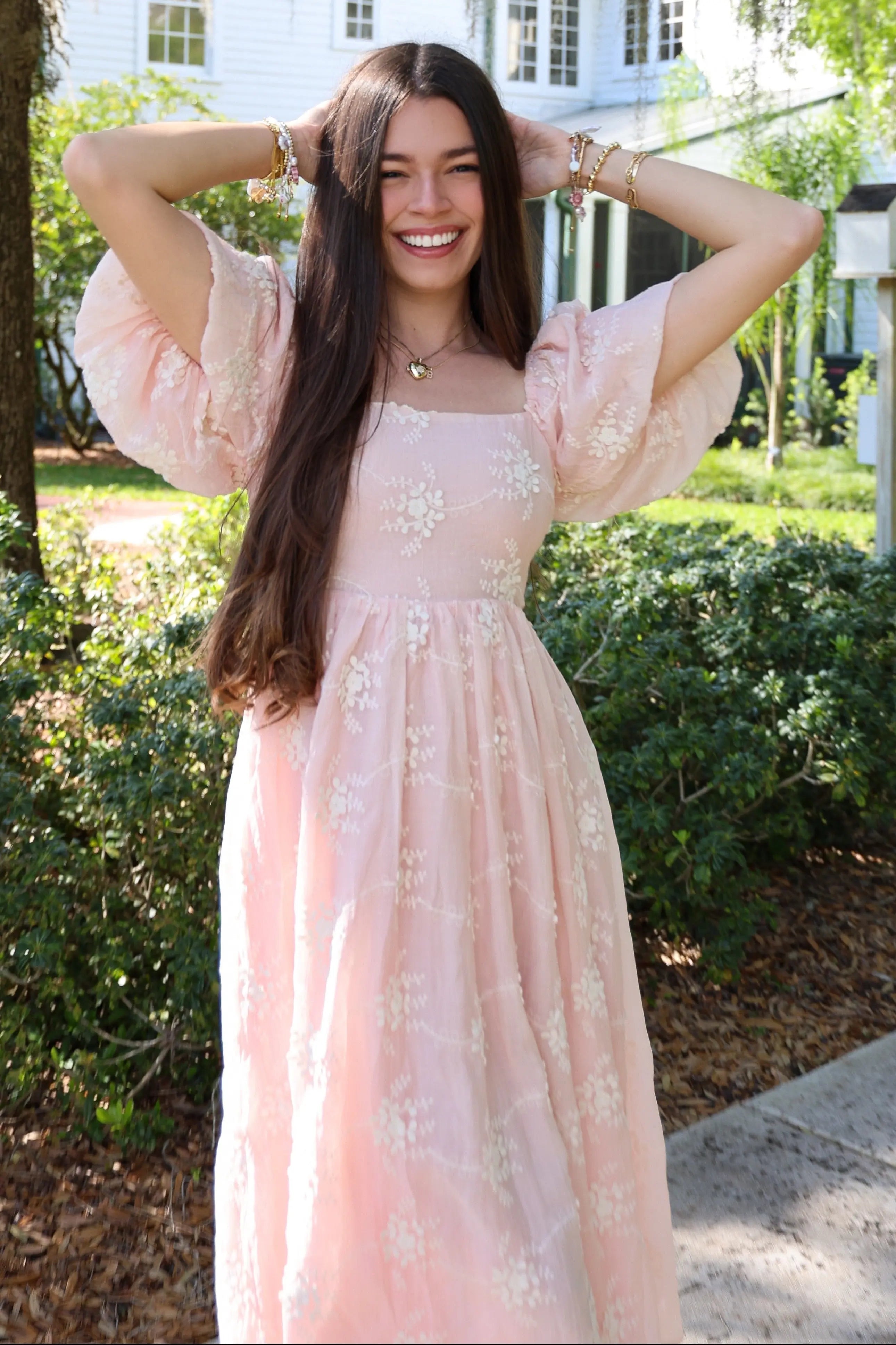 Pink Textured Midi Dress With Floral Embossed Pattern And Puff Sleeves PinkBlush