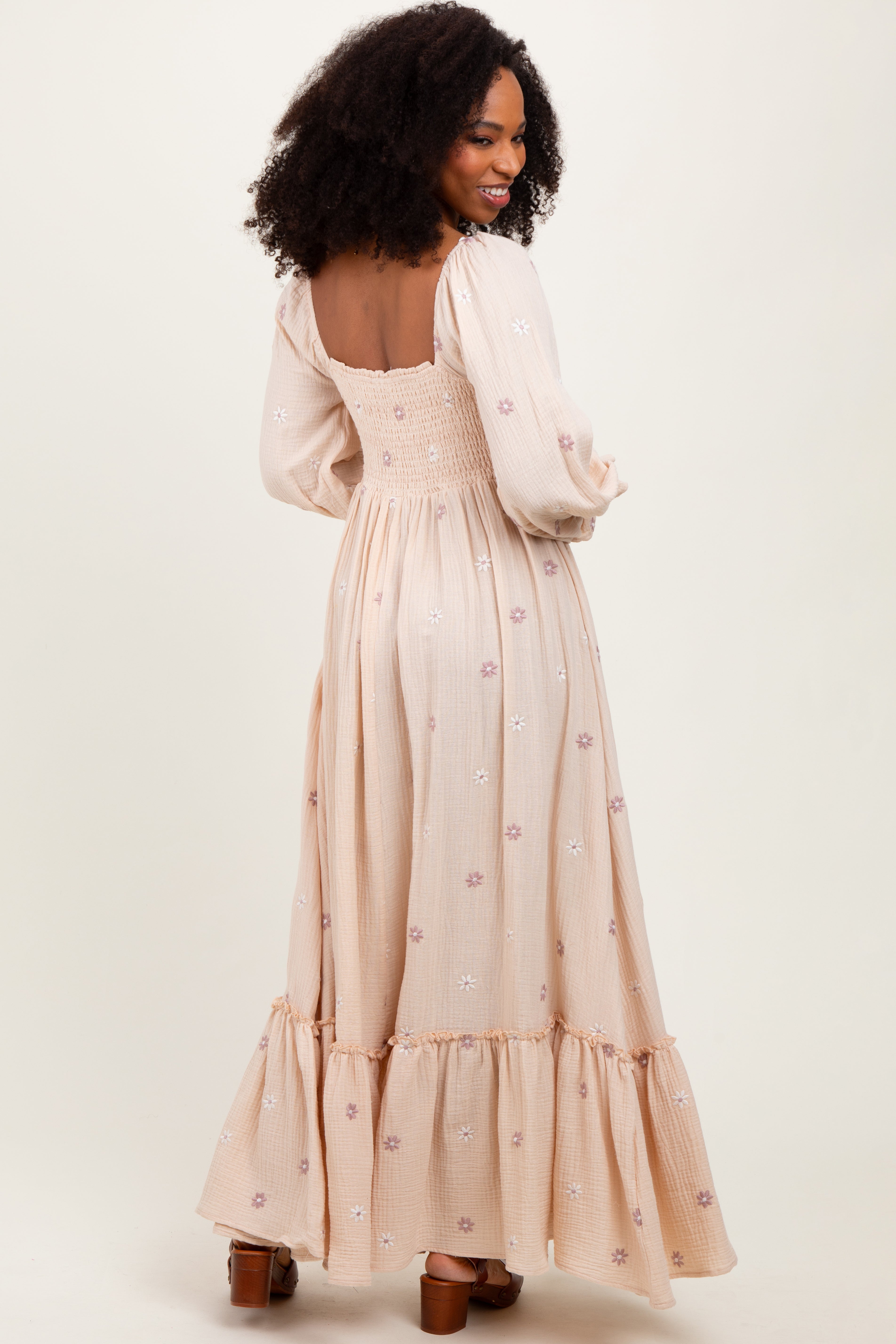 Cream Long Sleeve Floral Accent Dress PinkBlush