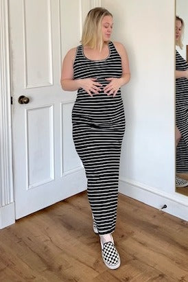 PinkBlush Black Ivory Striped Side Slit Maternity Maxi Dress - Full View