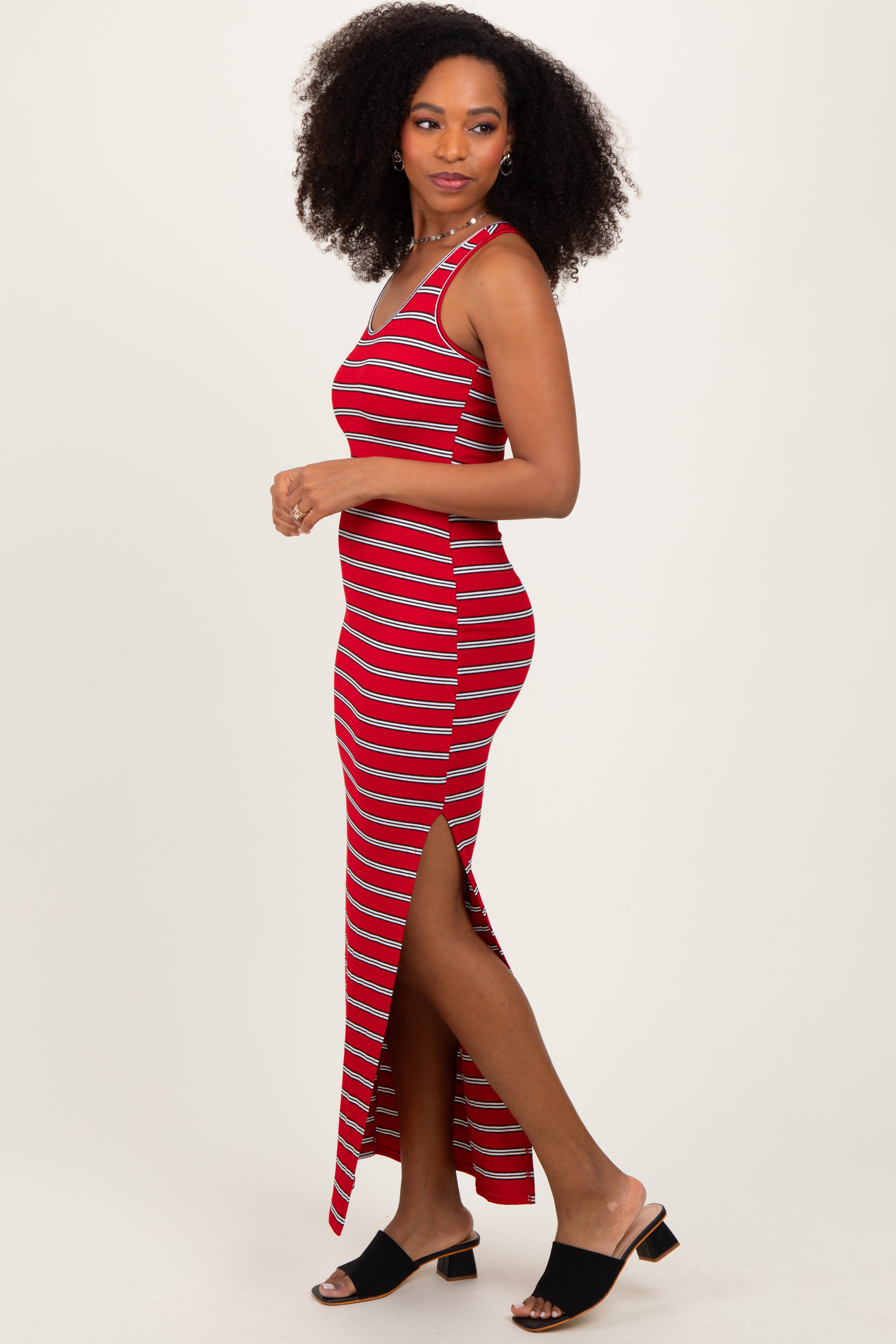 PinkBlush Red Black Striped Side Slit Maxi Dress - Detail View