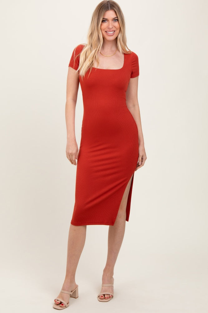Orange Ribbed Short Sleeve Side Slit Maternity Midi Dress PinkBlush