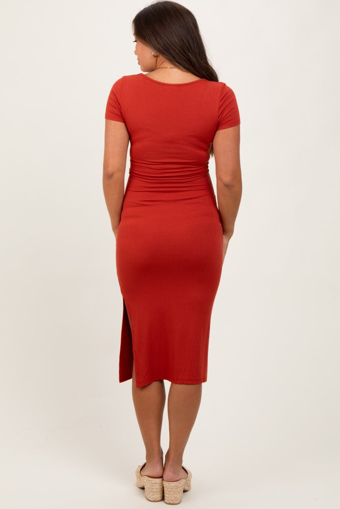 Orange Ribbed Short Sleeve Side Slit Maternity Midi Dress PinkBlush