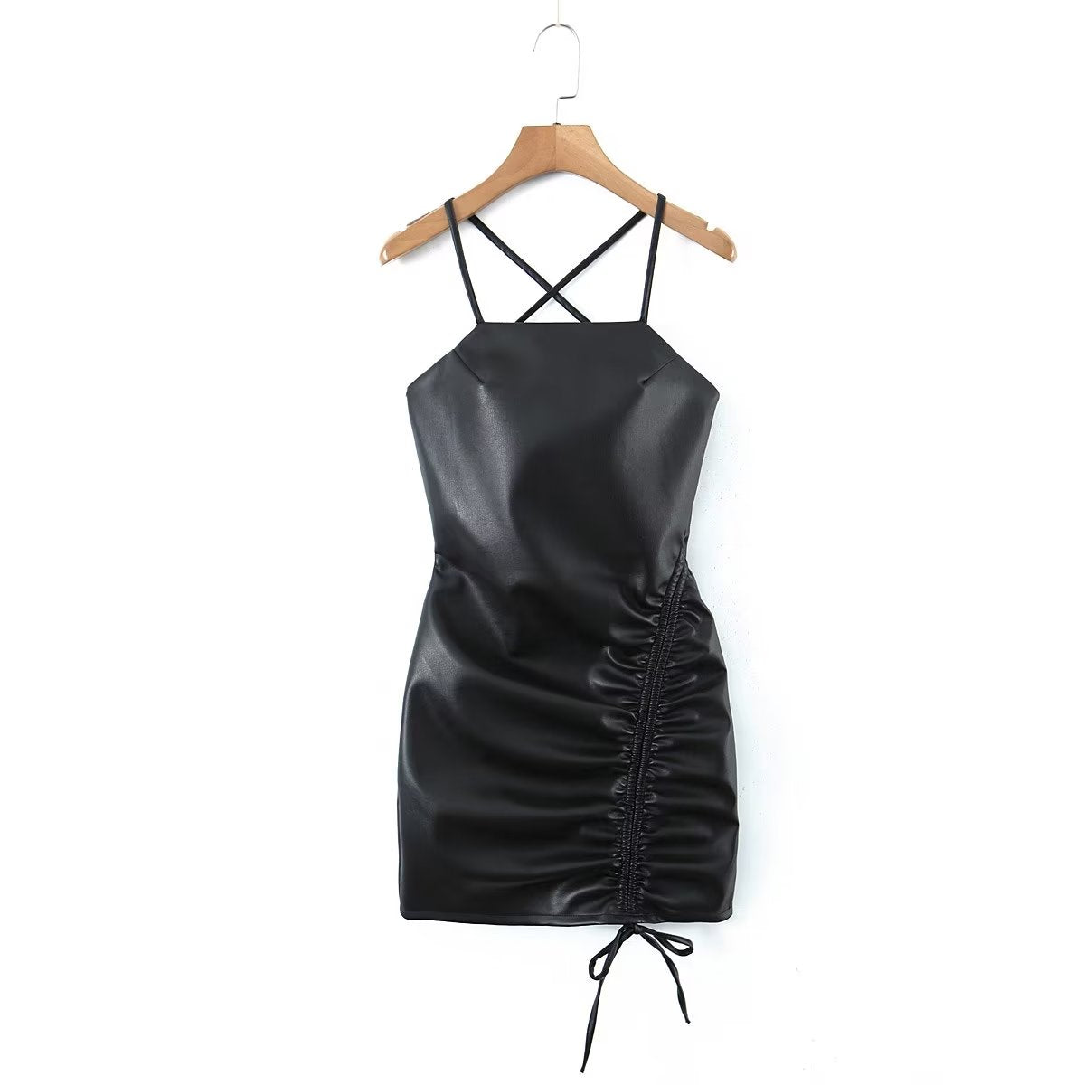 Spring Adult Lady Woman Sexy Side Drawstring Faux Leather Sling Leather Hip Dress Bella Mia