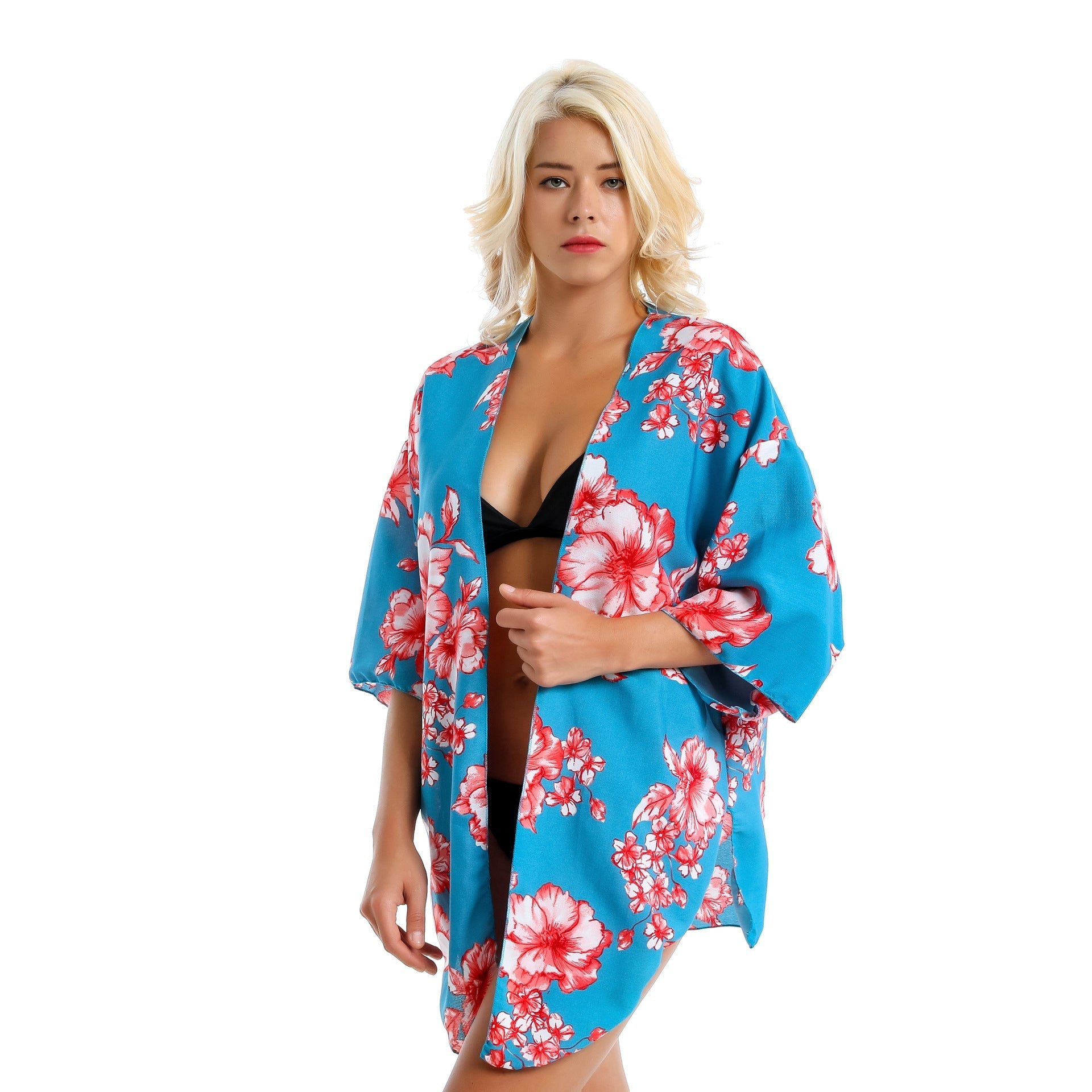 Exclusive for Chiffon Red Printed Short Beach Sun Protection Blouse Swimwear Cover up Bella Mia