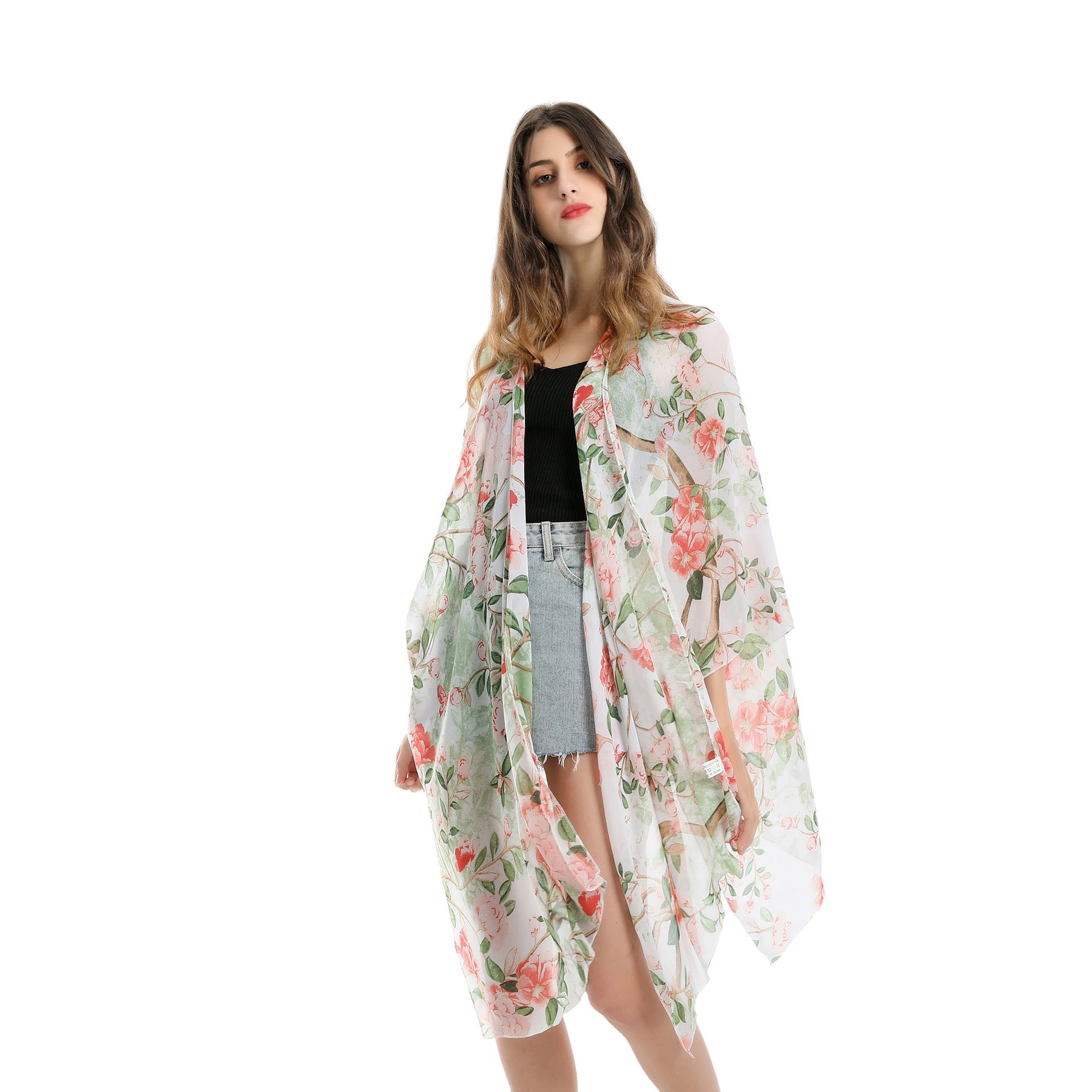 Pastoral Floral Cluster Green Leaf Vacation Travel Chiffon Beach Cover Up Coat Bella Mia