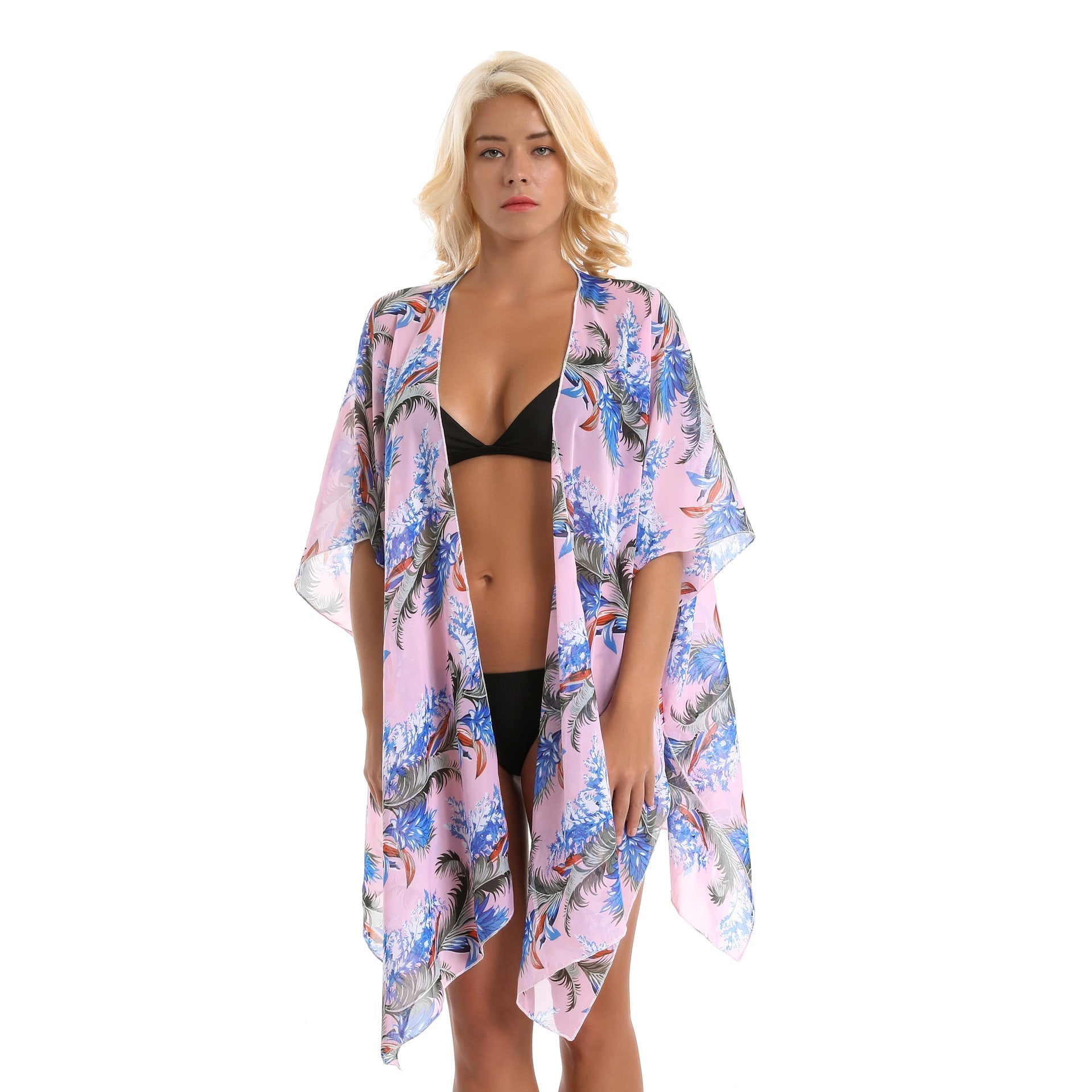 Spring Summer Vacation Travel Beach Coconut Leaves Printed Refreshing Chiffon Lightweight Portable Beach Cover Up Bella Mia