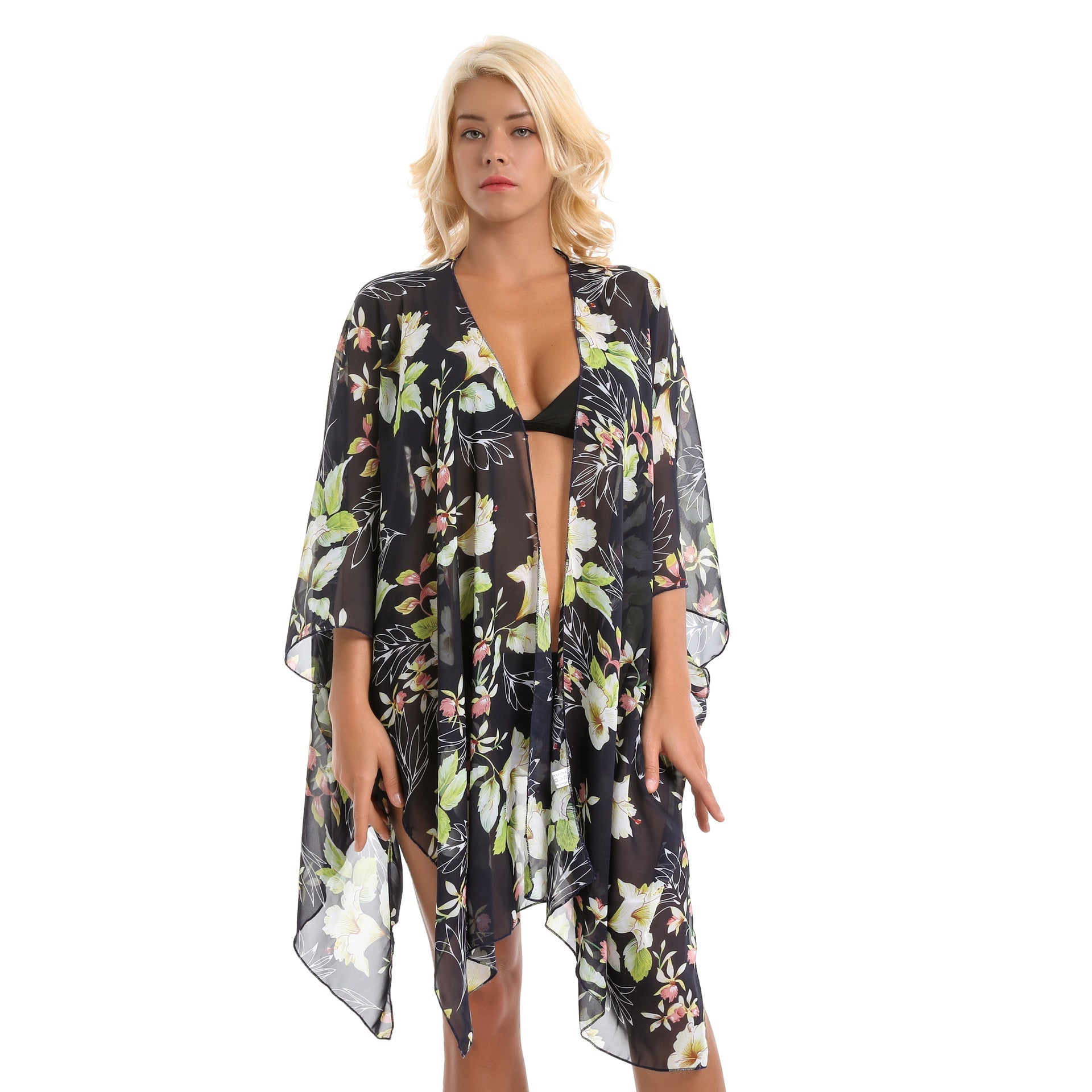 Elegant Lily Pattern Chiffon Beach Sun Protection Beach Cover Up Cardigan
