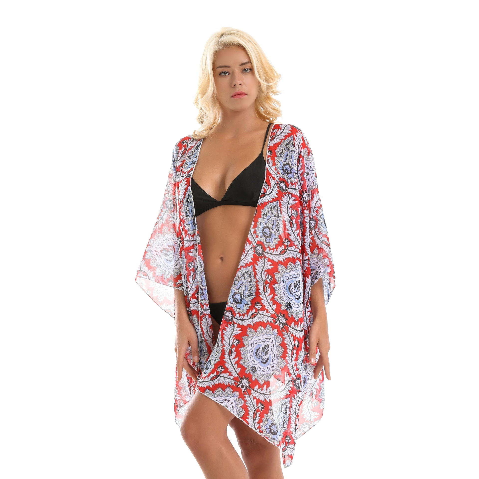 Platform Ethnic Rattan Floral Print Chiffon Sun Protection Cardigan Swimsuit Blouse Bella Mia