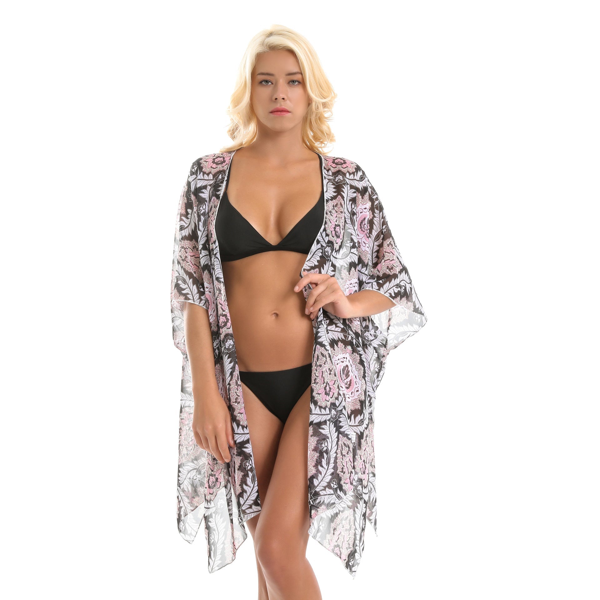 Platform Ethnic Rattan Floral Print Chiffon Sun Protection Cardigan Swimsuit Blouse Bella Mia