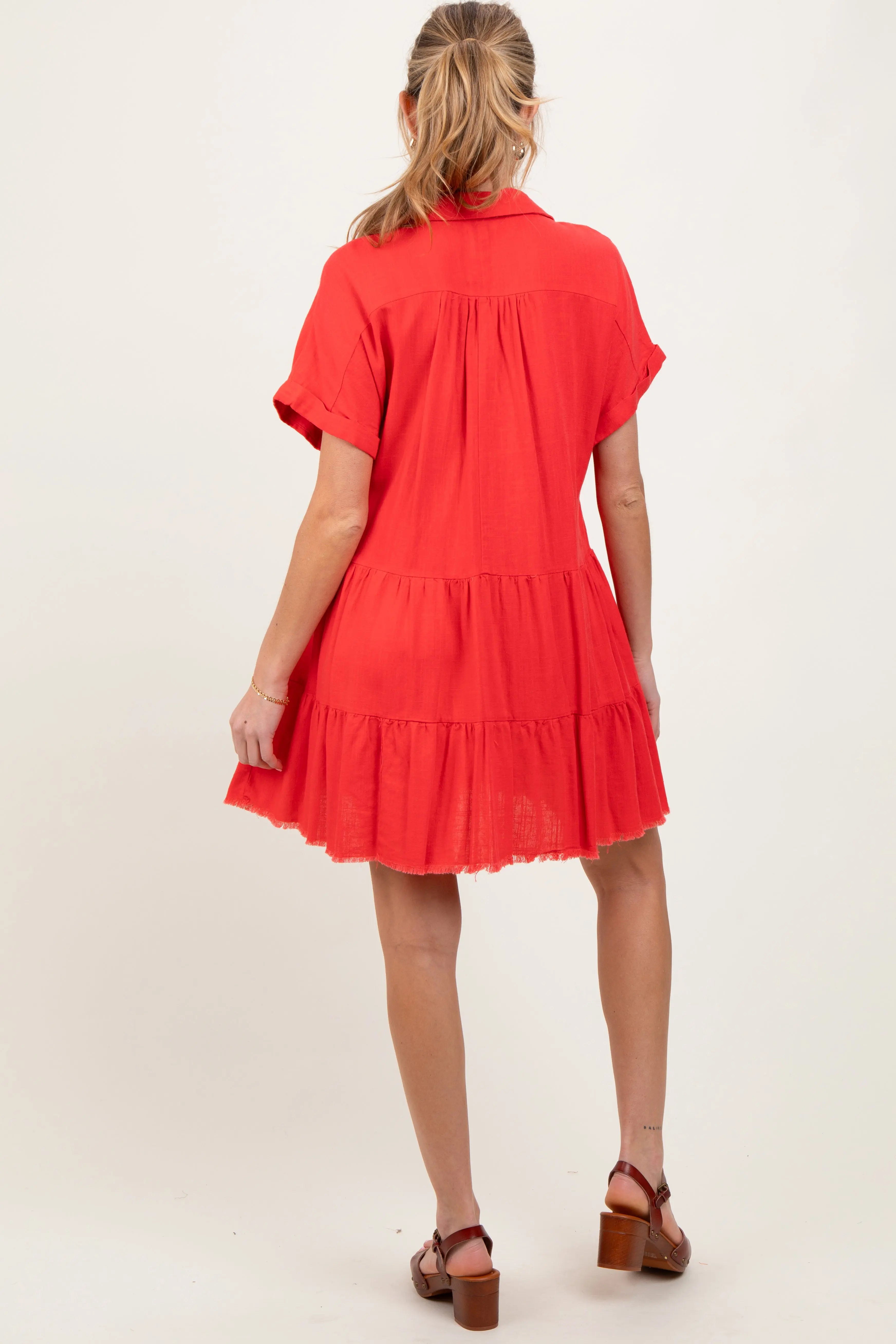 Coral Tiered Linen Maternity Dress PinkBlush