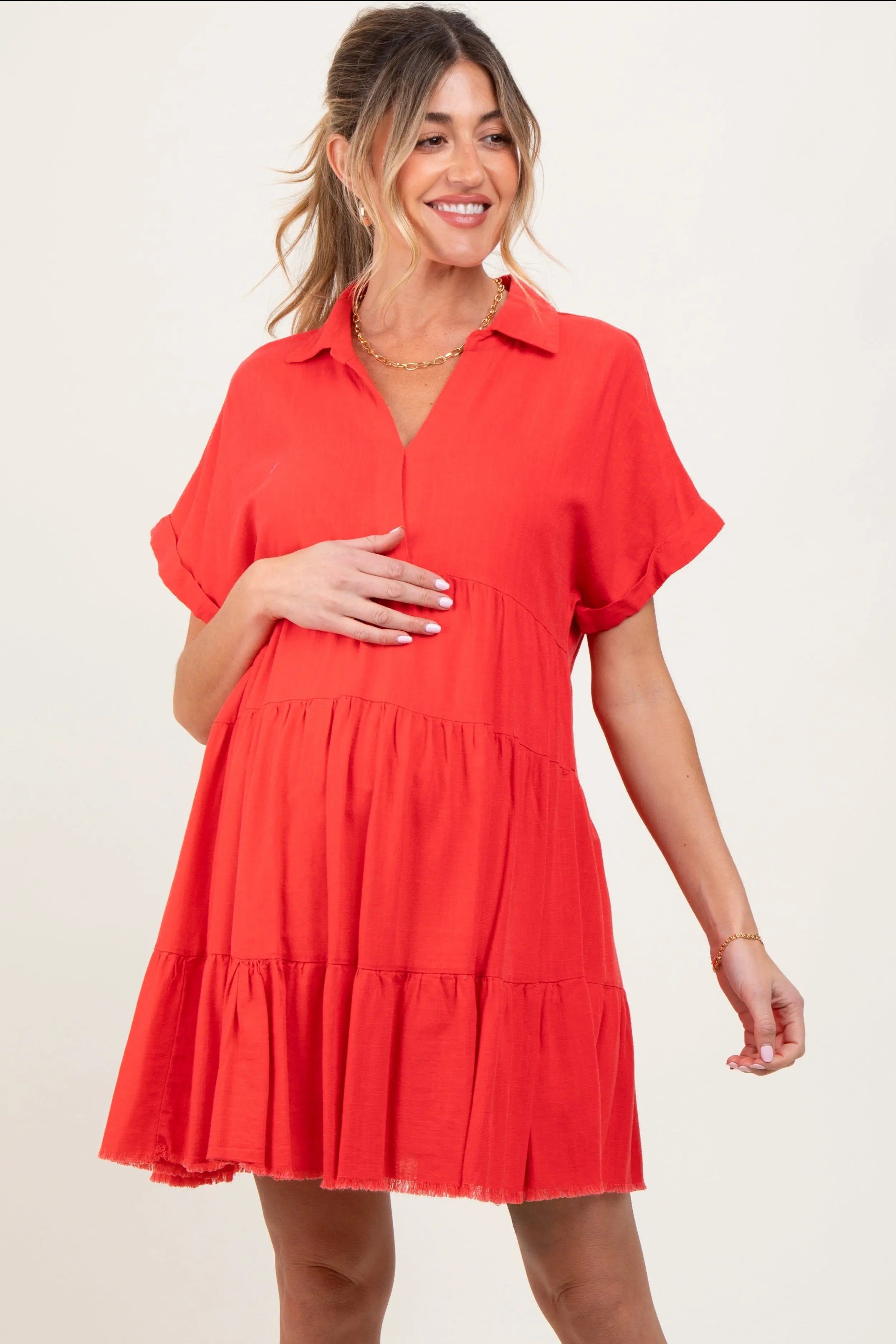 Coral Tiered Linen Maternity Dress PinkBlush