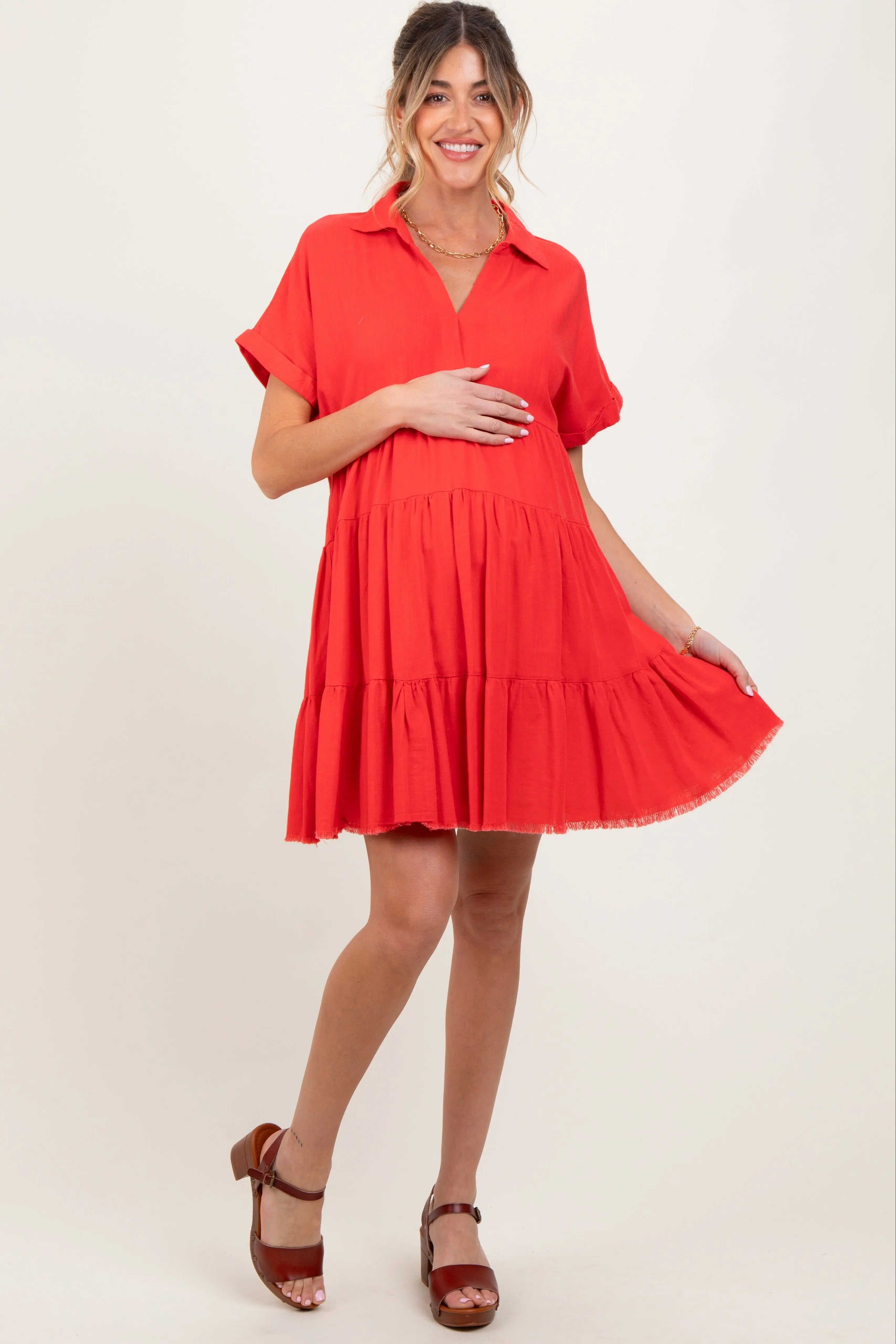 Coral Tiered Linen Maternity Dress PinkBlush