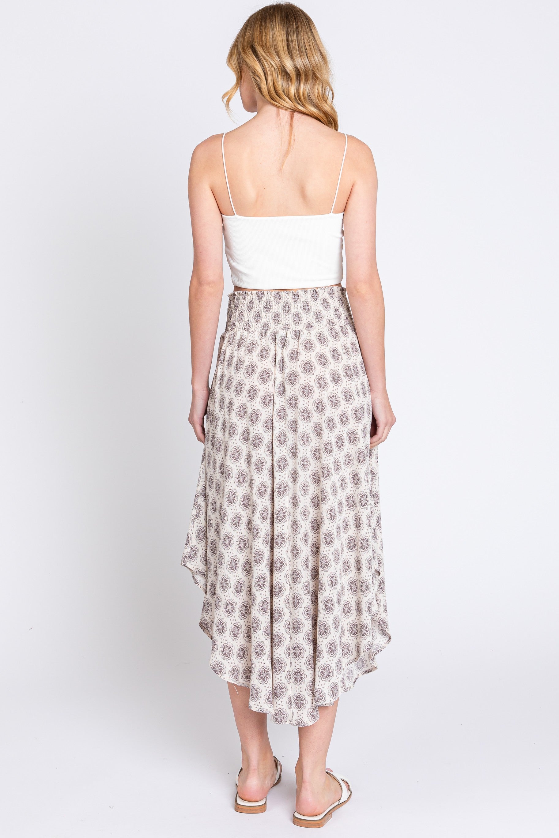 Grey Damask Print Smocked Waistband Midi Skirt PinkBlush