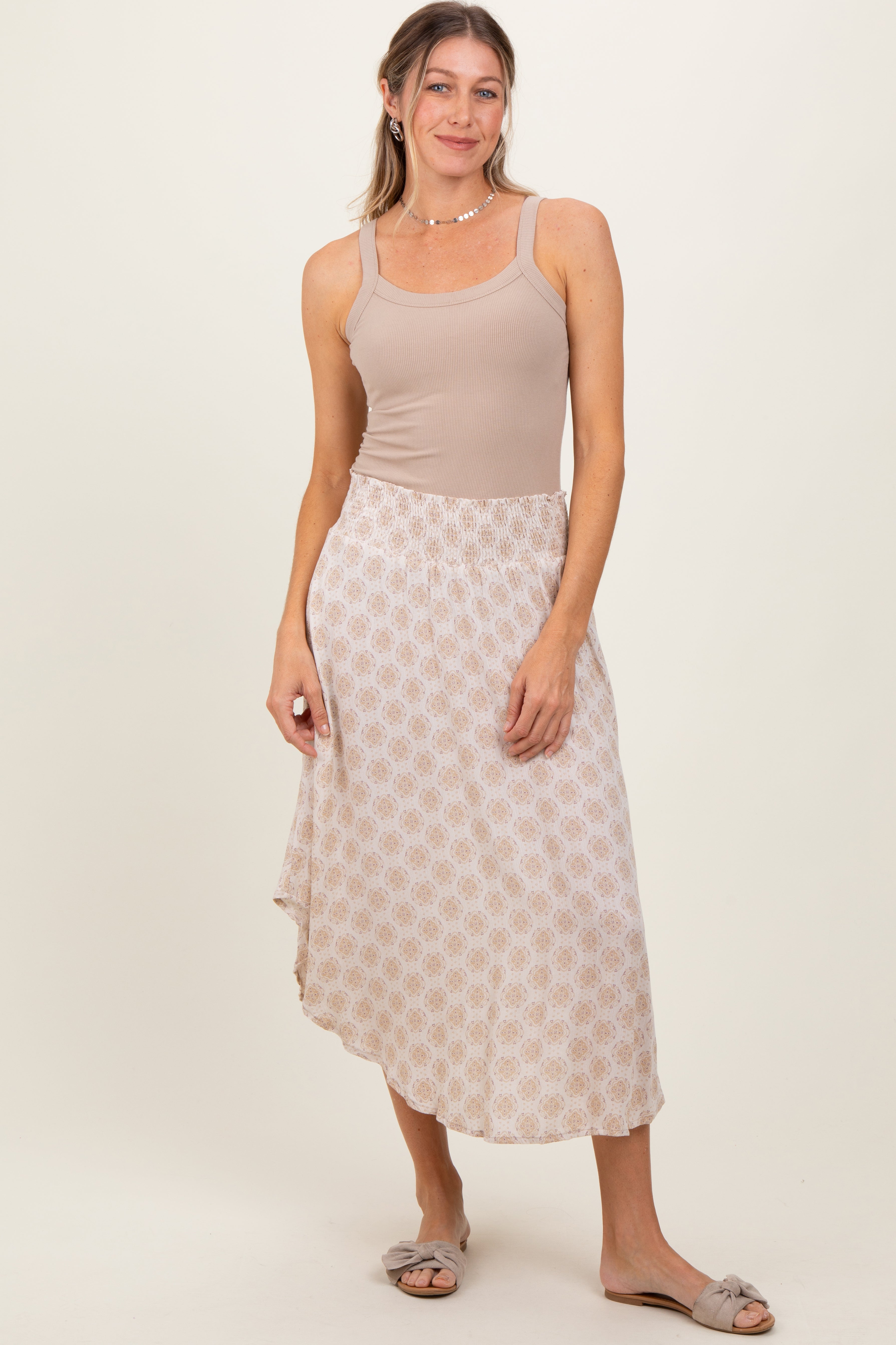 Beige Damask Print Smocked Waistband Midi Skirt PinkBlush