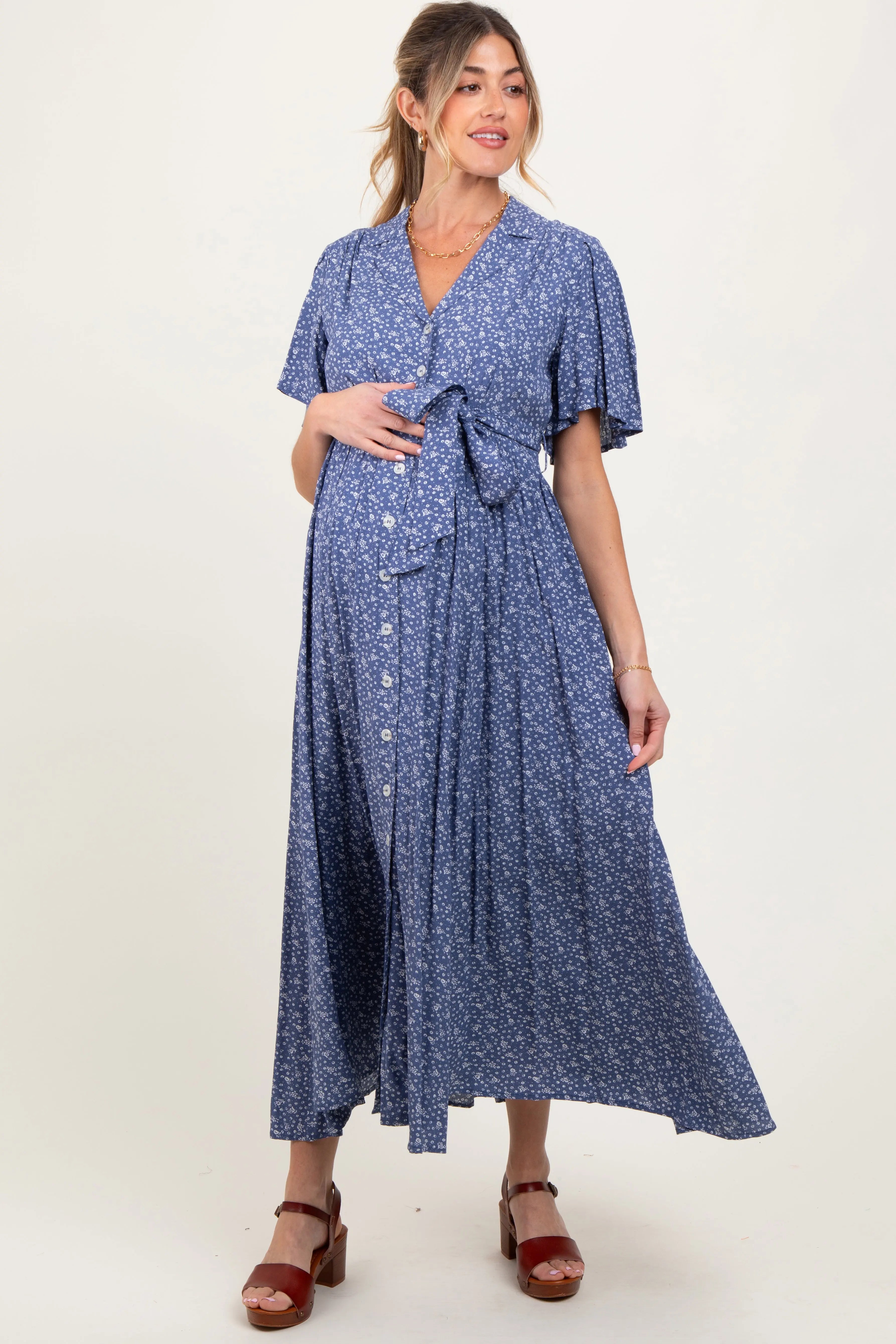 Blue Flutter Sleeve Button Down Maternity Maxi Dress PinkBlush