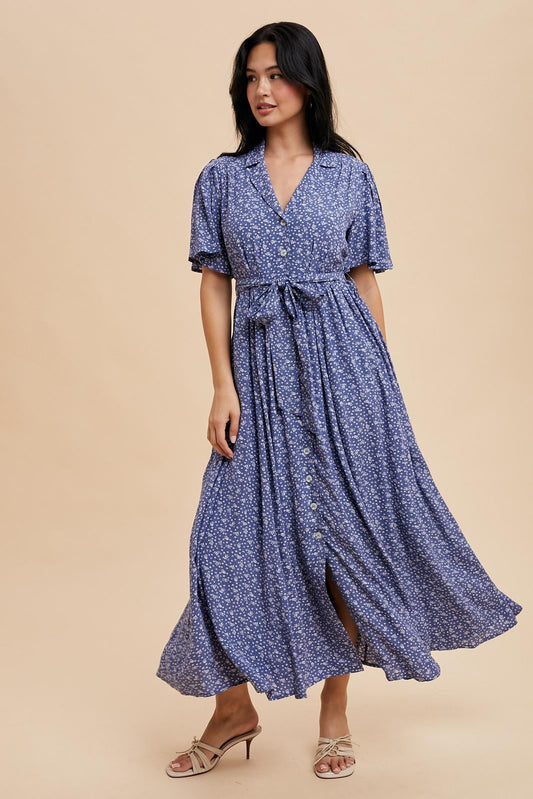 Blue Floral Button Down Maxi Dress With Flutter Sleeves PinkBlush