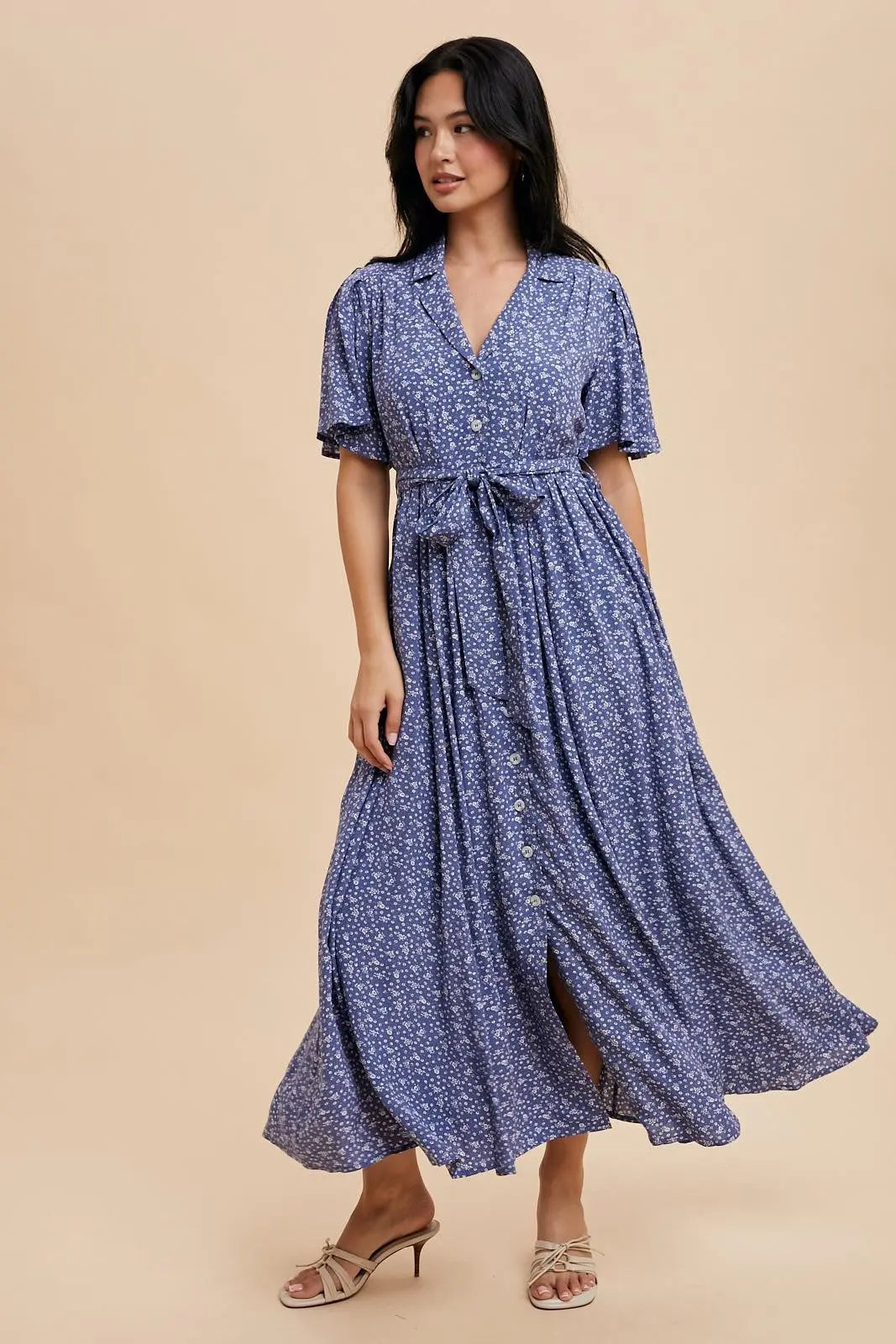 Blue Flutter Sleeve Button Down Maternity Maxi Dress PinkBlush
