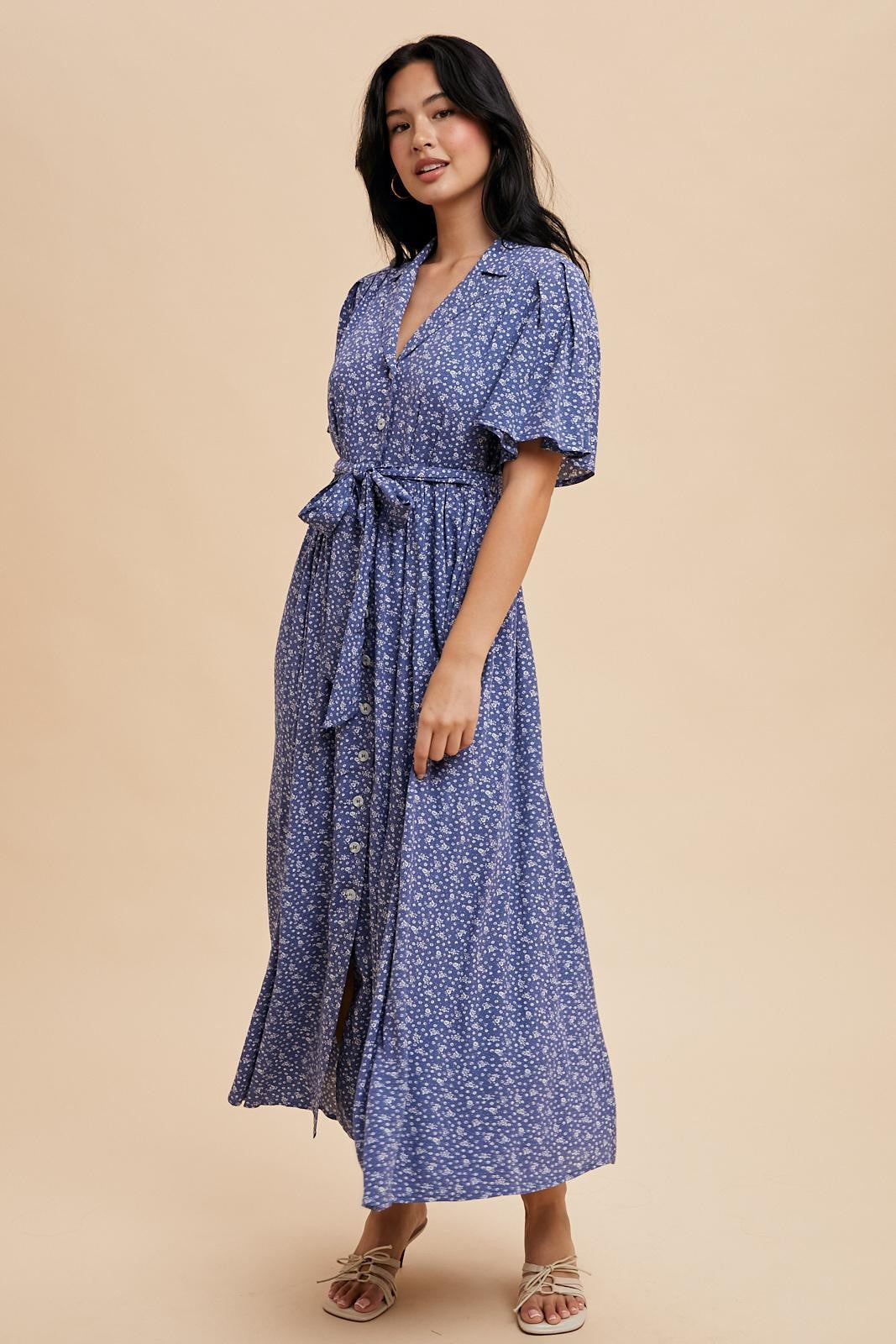 Blue Floral Button Down Maxi Dress With Flutter Sleeves PinkBlush