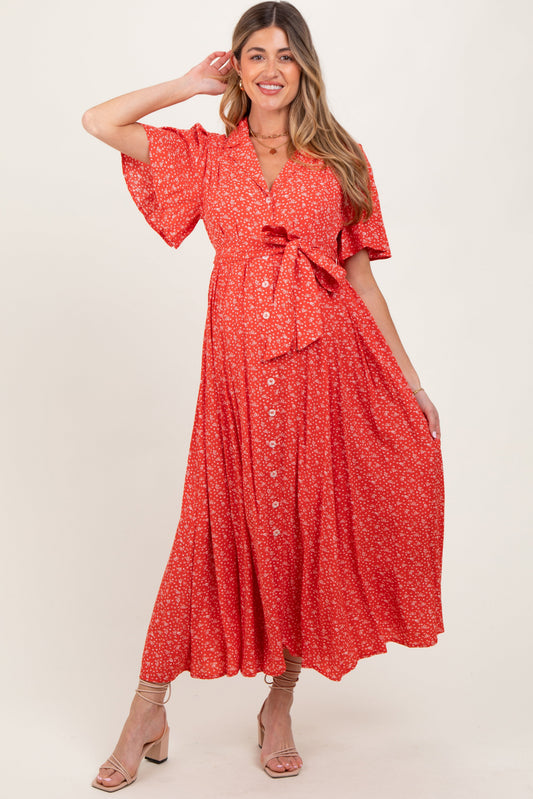 Red Flutter Sleeve Button Down Maternity Maxi Dress PinkBlush