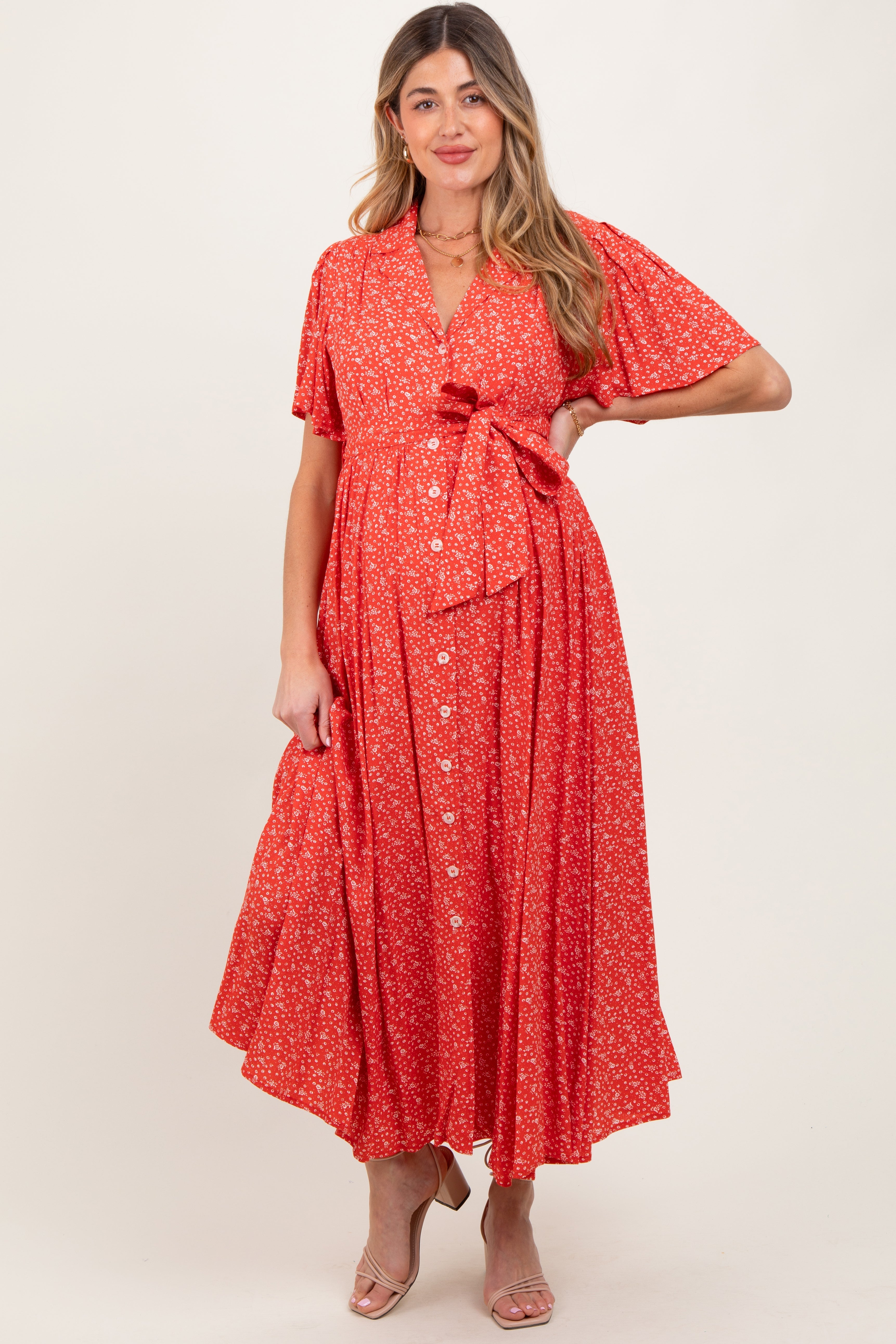 Red Flutter Sleeve Button Down Maternity Maxi Dress PinkBlush