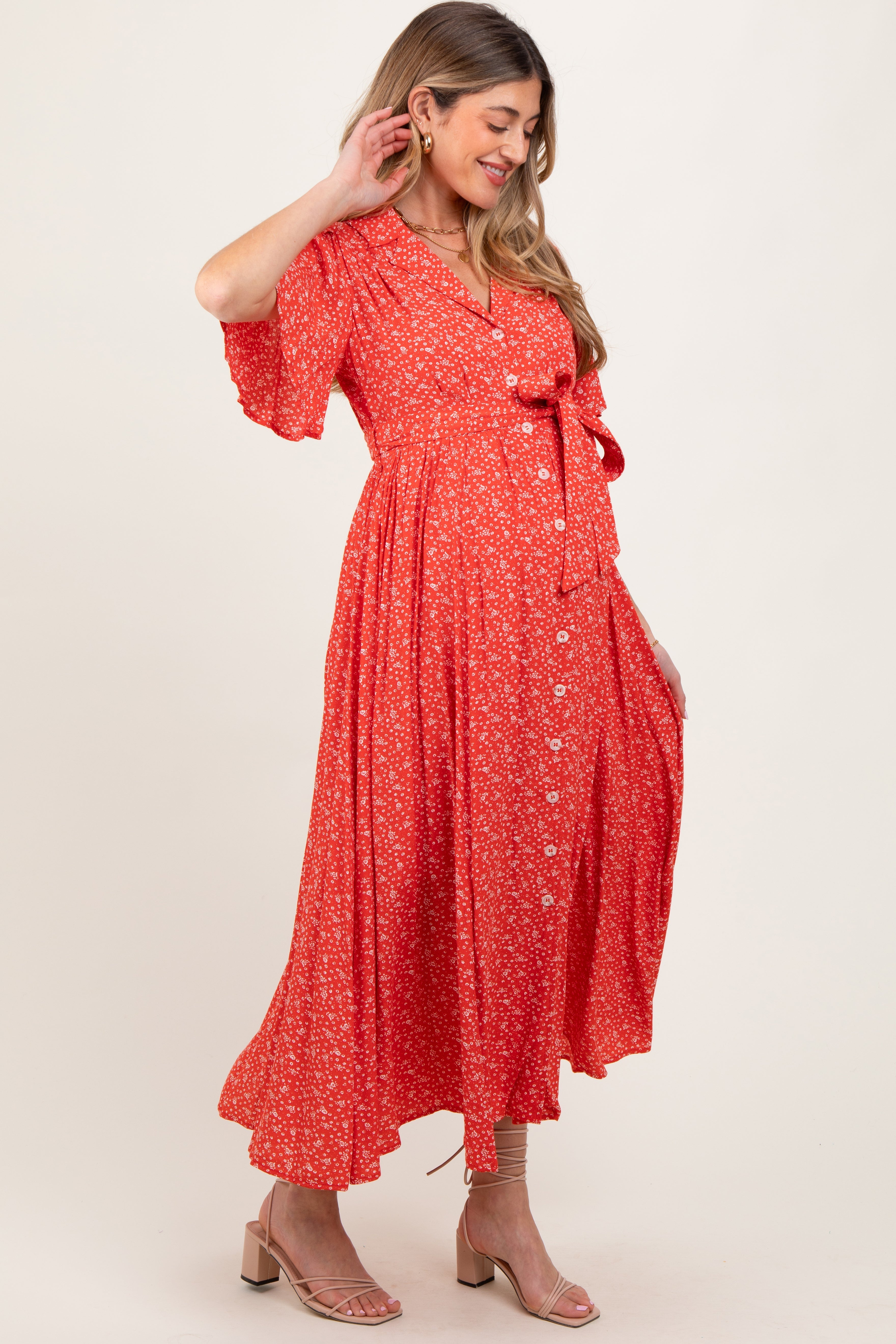 Red Flutter Sleeve Button Down Maternity Maxi Dress PinkBlush