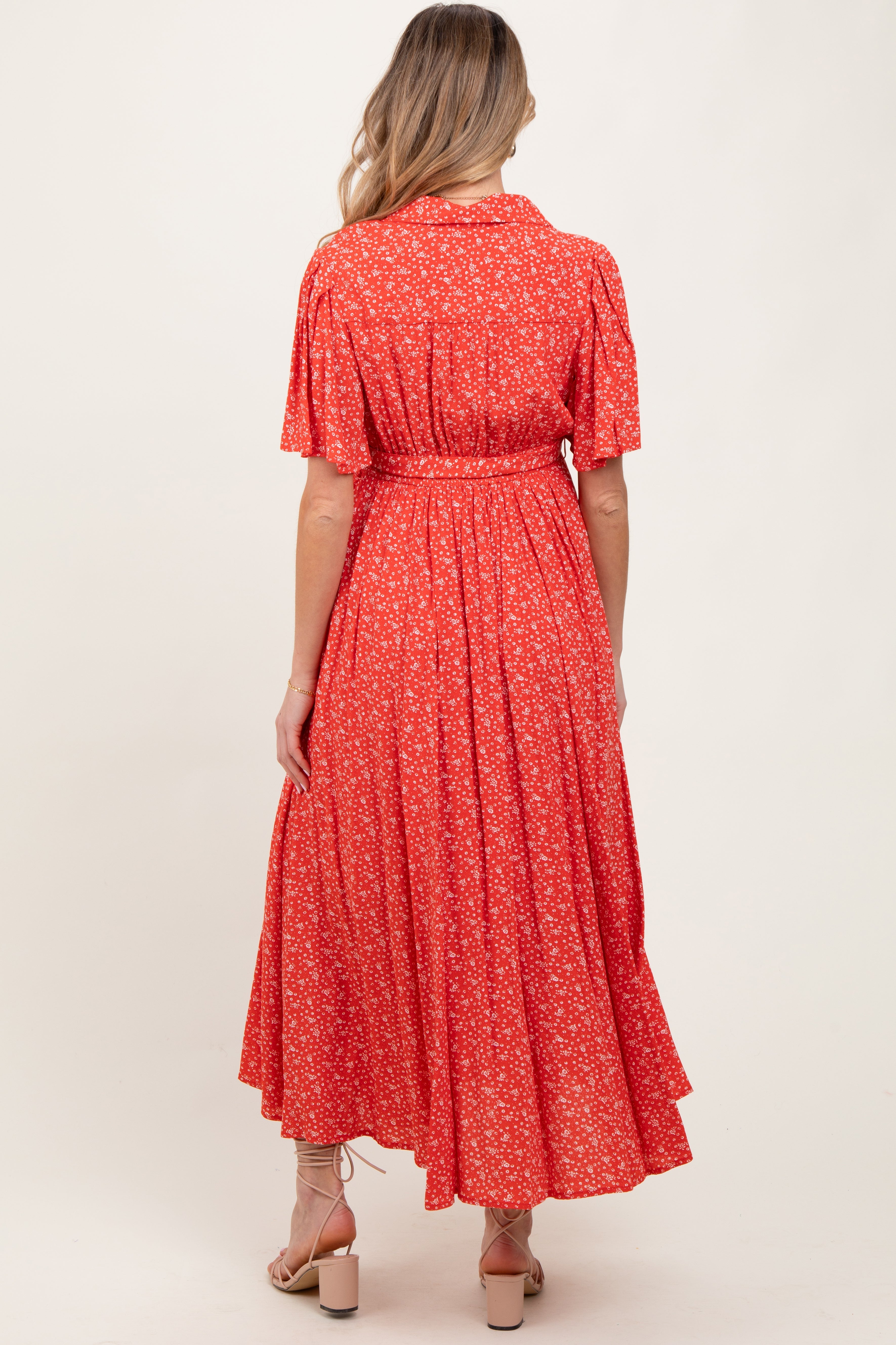 Red Flutter Sleeve Button Down Maternity Maxi Dress PinkBlush