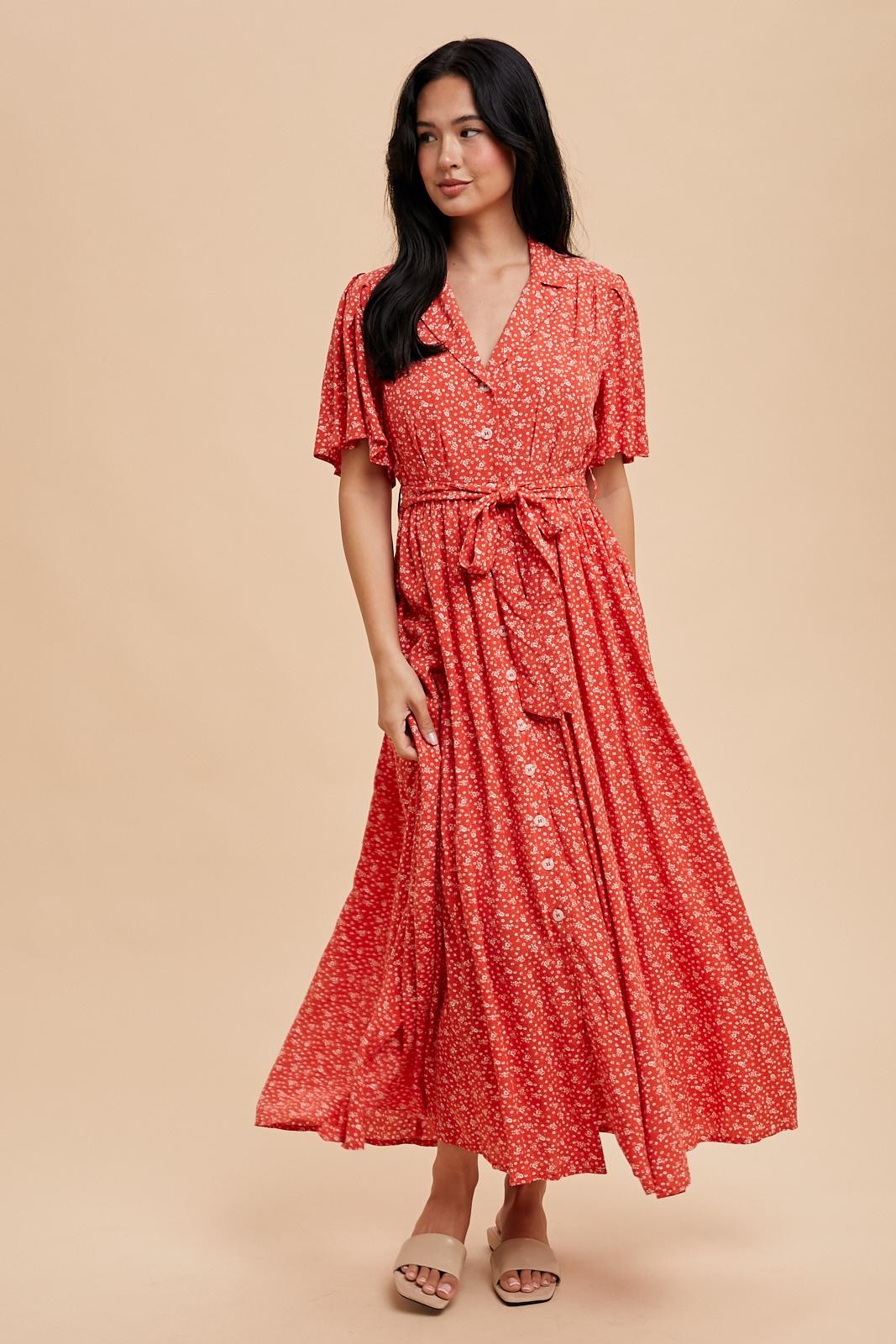 Red Flutter Sleeve Button Down Maternity Maxi Dress PinkBlush