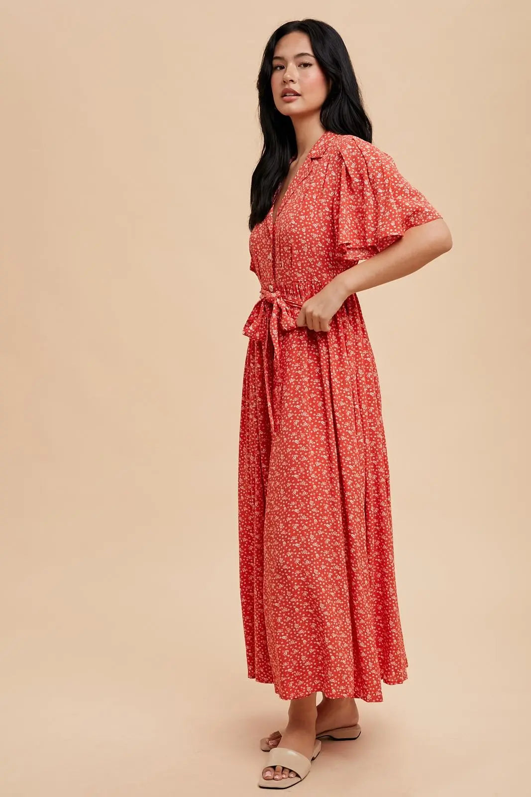 Red Flutter Sleeve Button Down Maxi Dress PinkBlush