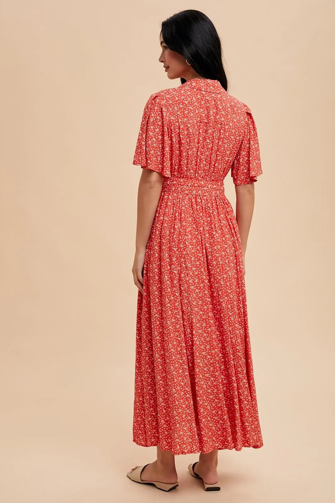 Red Flutter Sleeve Button Down Maxi Dress PinkBlush