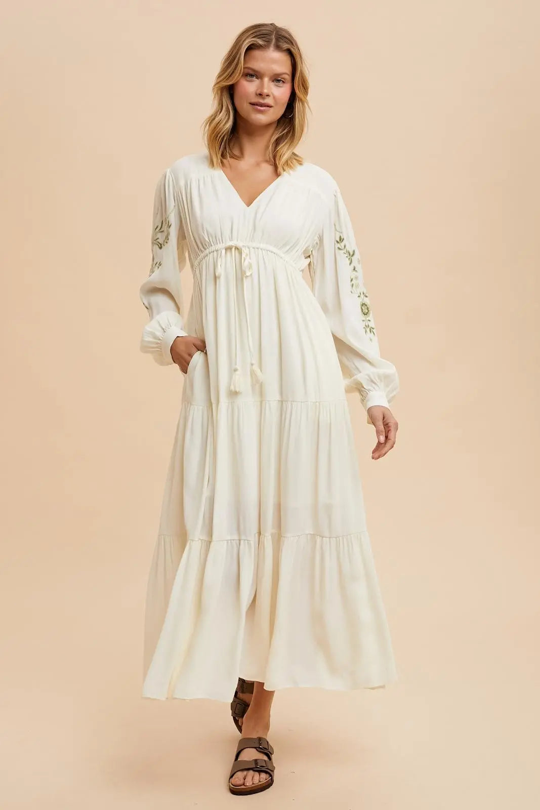 Cream Embroidered Maternity Maxi Dress With Long Sleeves PinkBlush