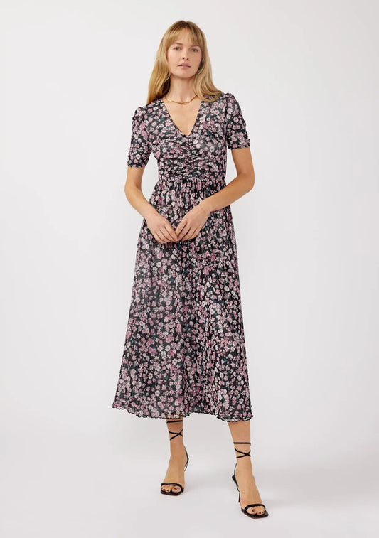 Black Floral Reversible Front Cinched Midi Dress PinkBlush