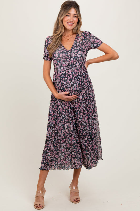 Black Floral Reversible Front Cinched Maternity Midi Dress PinkBlush