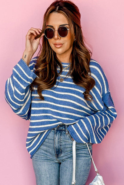 Chic sky blue striped plus size sweater with drop shoulder design