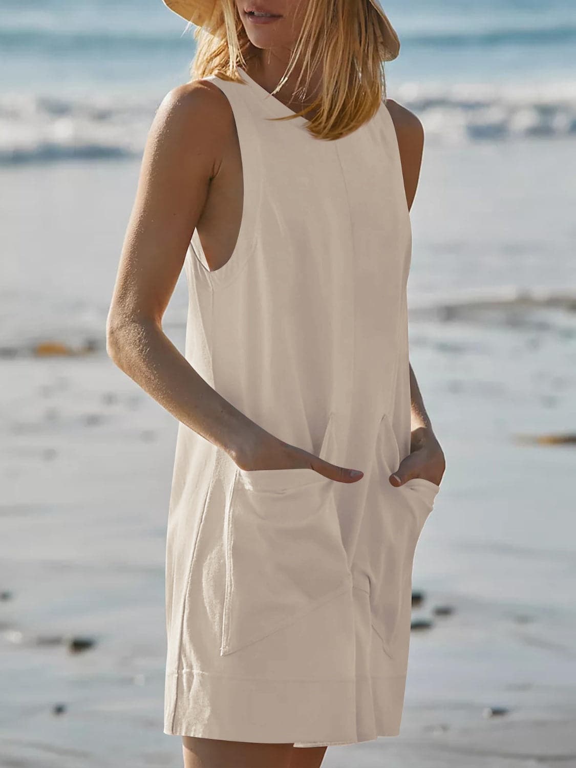 Round Neck Sleeveless Romper with Pockets.