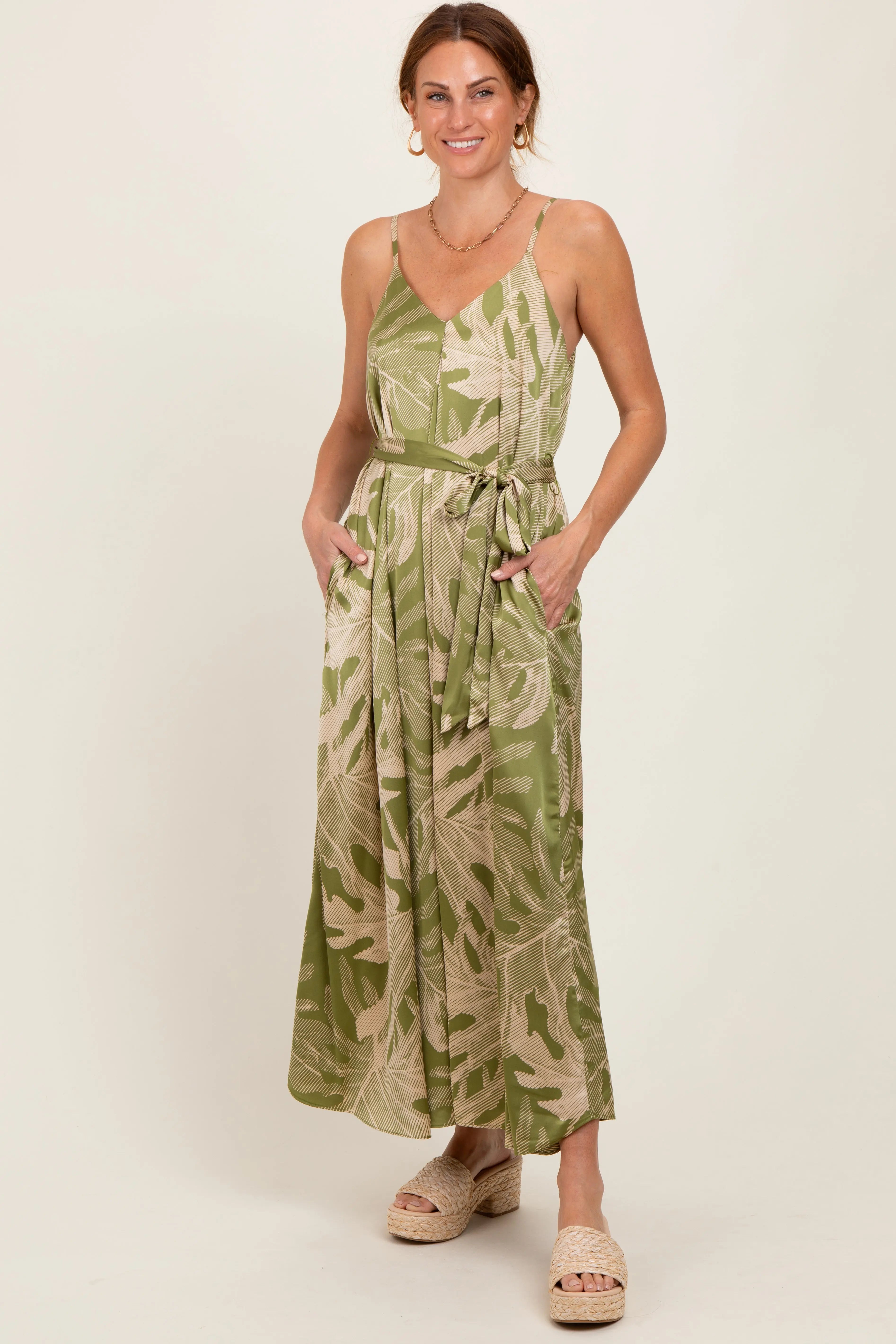 Lime Green Leaf Print Sash Tie Maternity Midi Dress PinkBlush