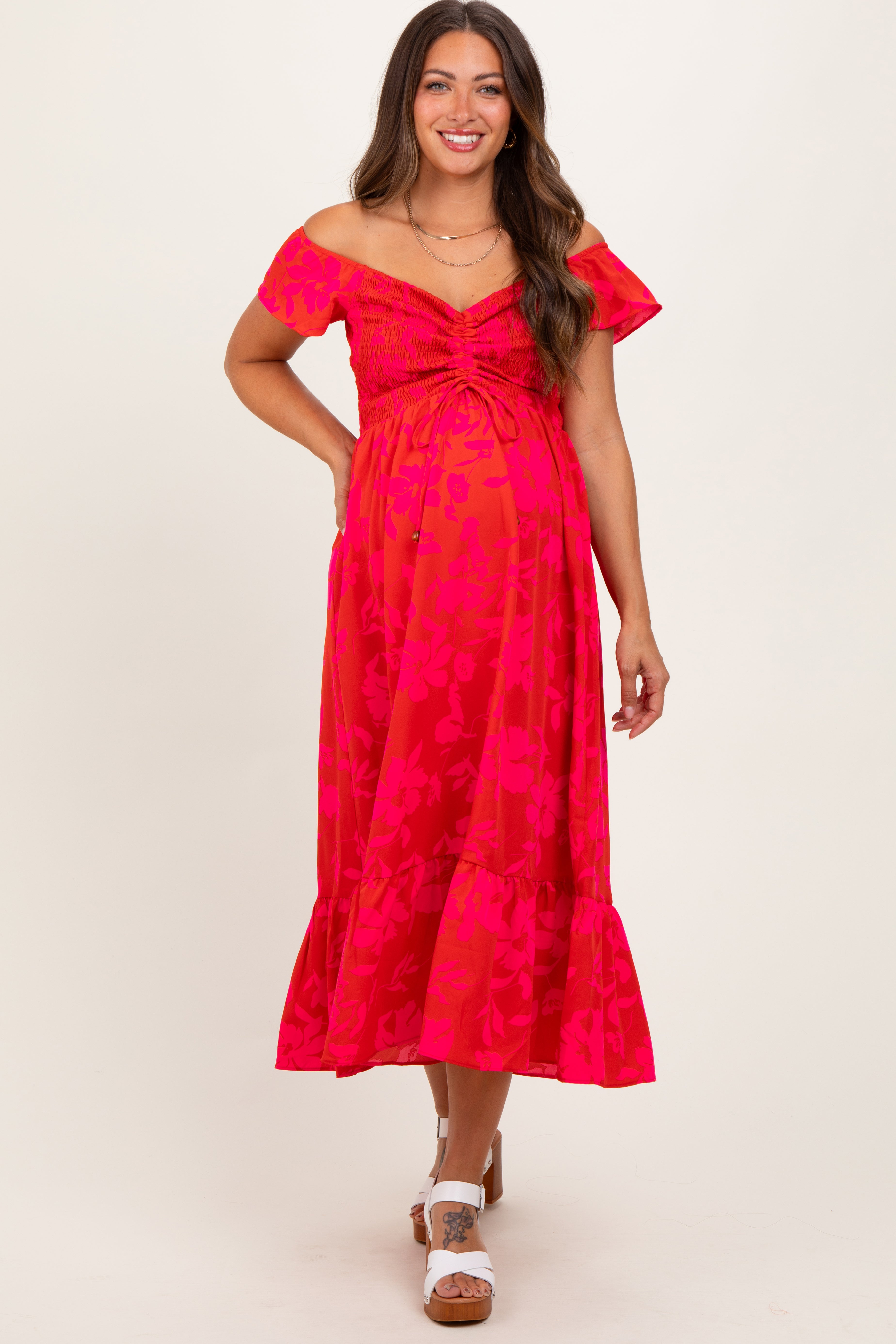 Red Multi Smocked Top Maternity Maxi Dress PinkBlush