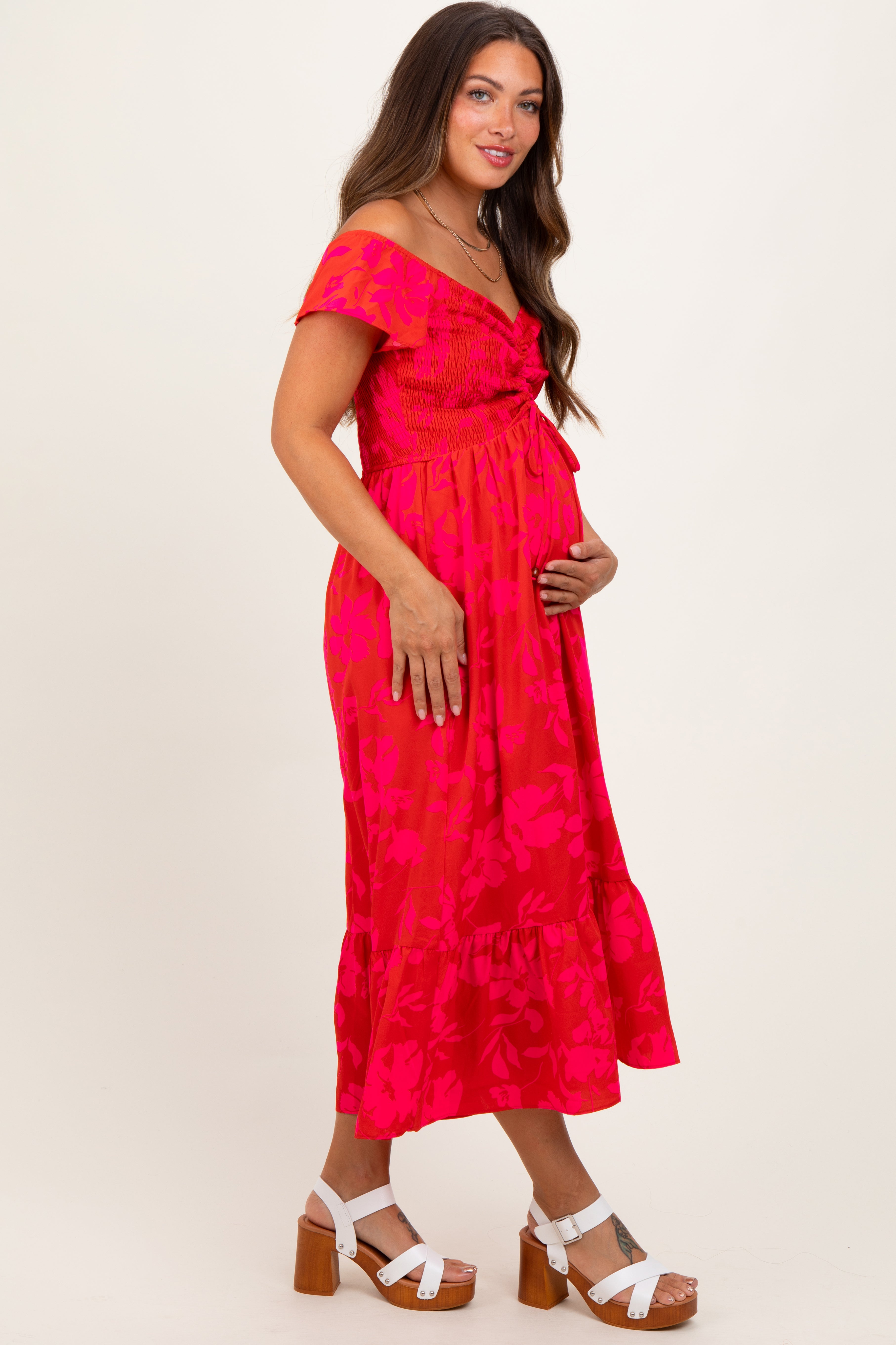 Red Multi Smocked Top Maternity Maxi Dress PinkBlush