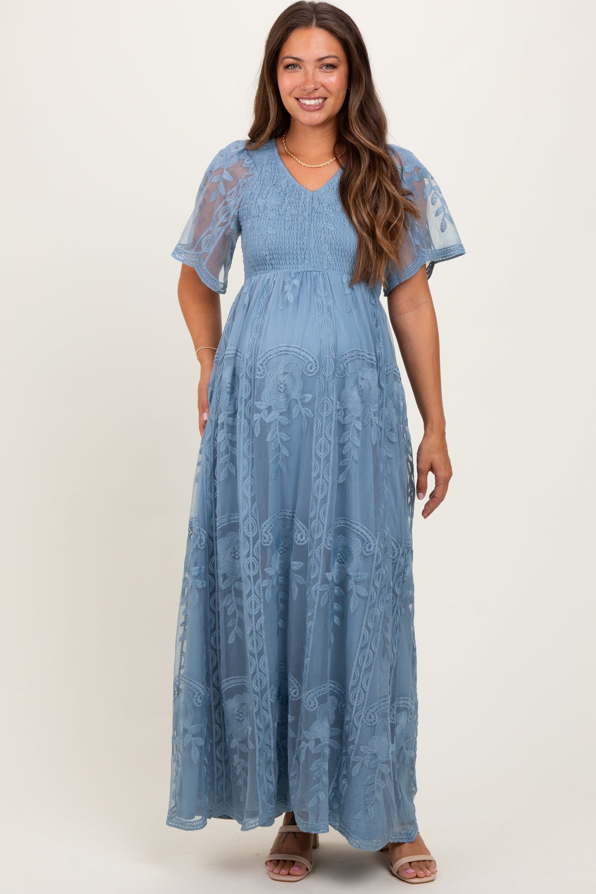 light blue lace maternity dress Smocked Top Maxi formal wear or at Width:MEDIUM navy evening dress 🥹🎂🥰 Kash Doll shares