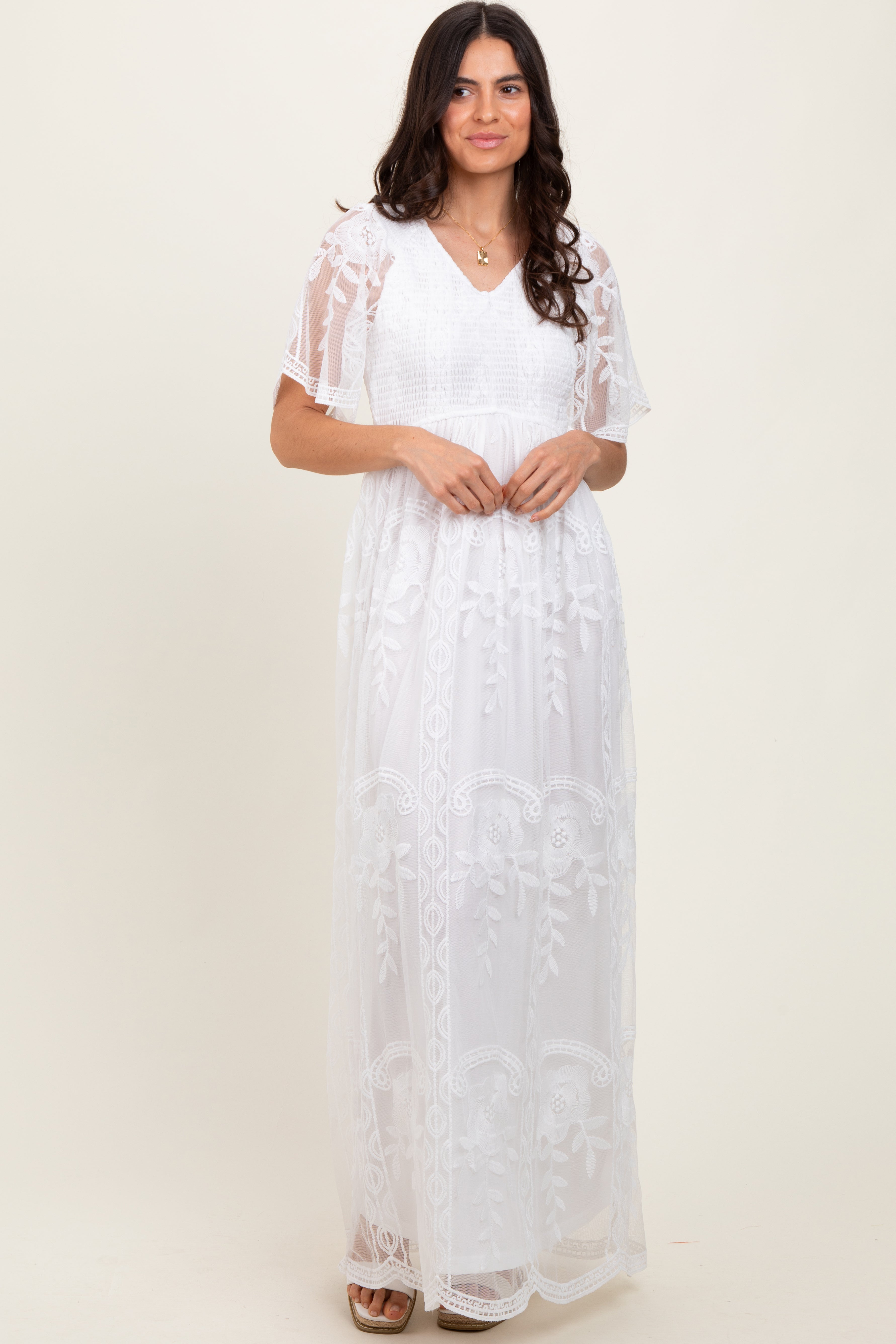 White Smocked Top Lace Maxi Dress PinkBlush