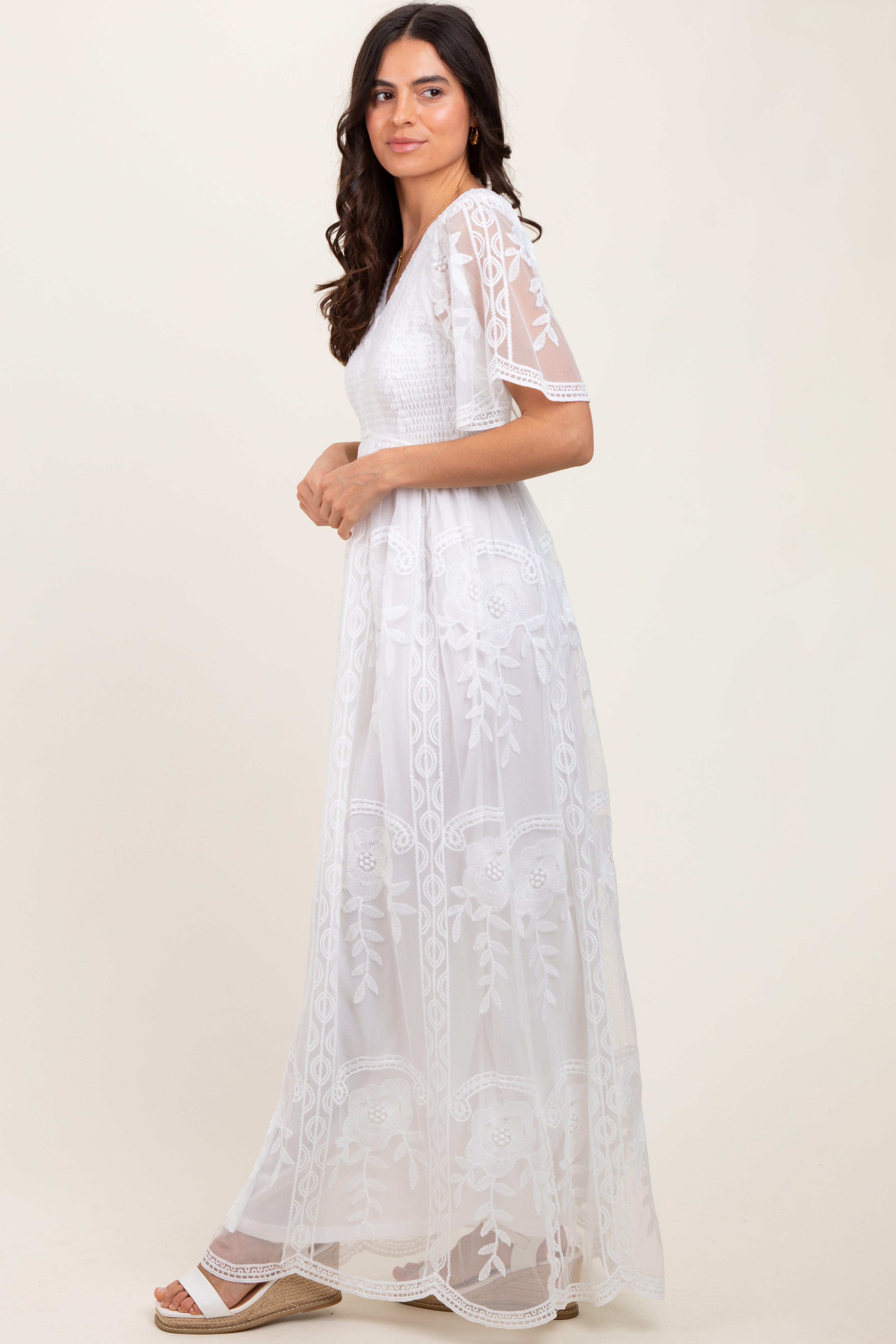 White Smocked Top Lace Maxi Dress PinkBlush