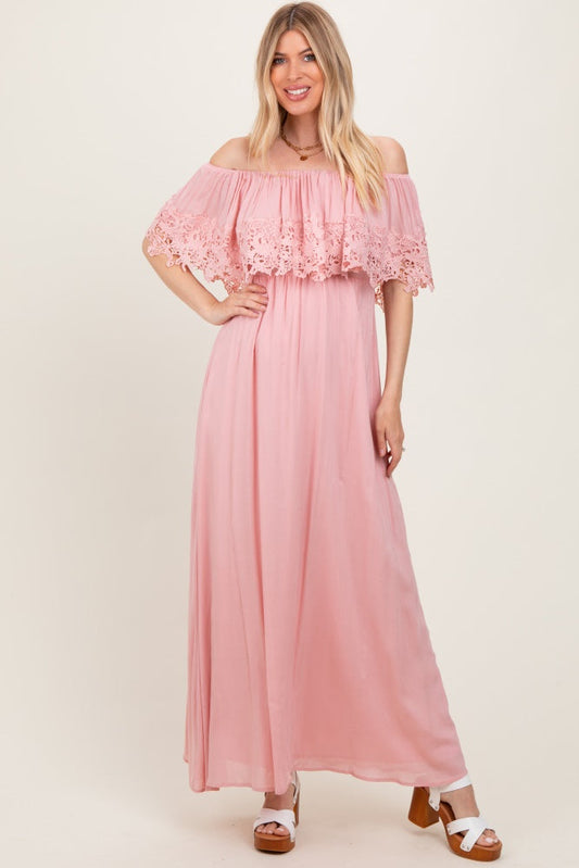 Pink Lace Off Shoulder Maxi Dress PinkBlush