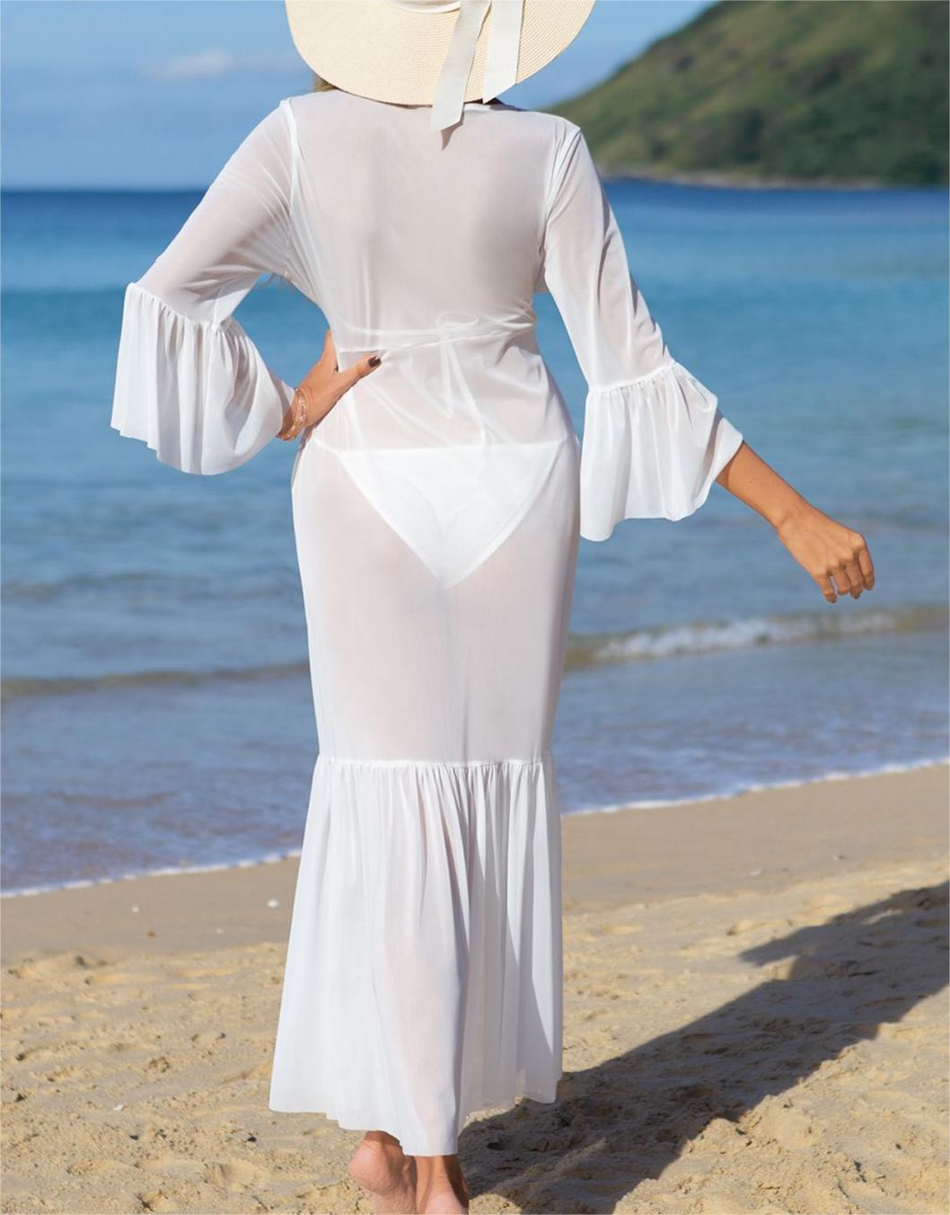 Beach Cover up Seaside Vacation Swimsuit Chiffon Bikini Elegant Sun Protection Long Sleeve Dress Women Bella Mia