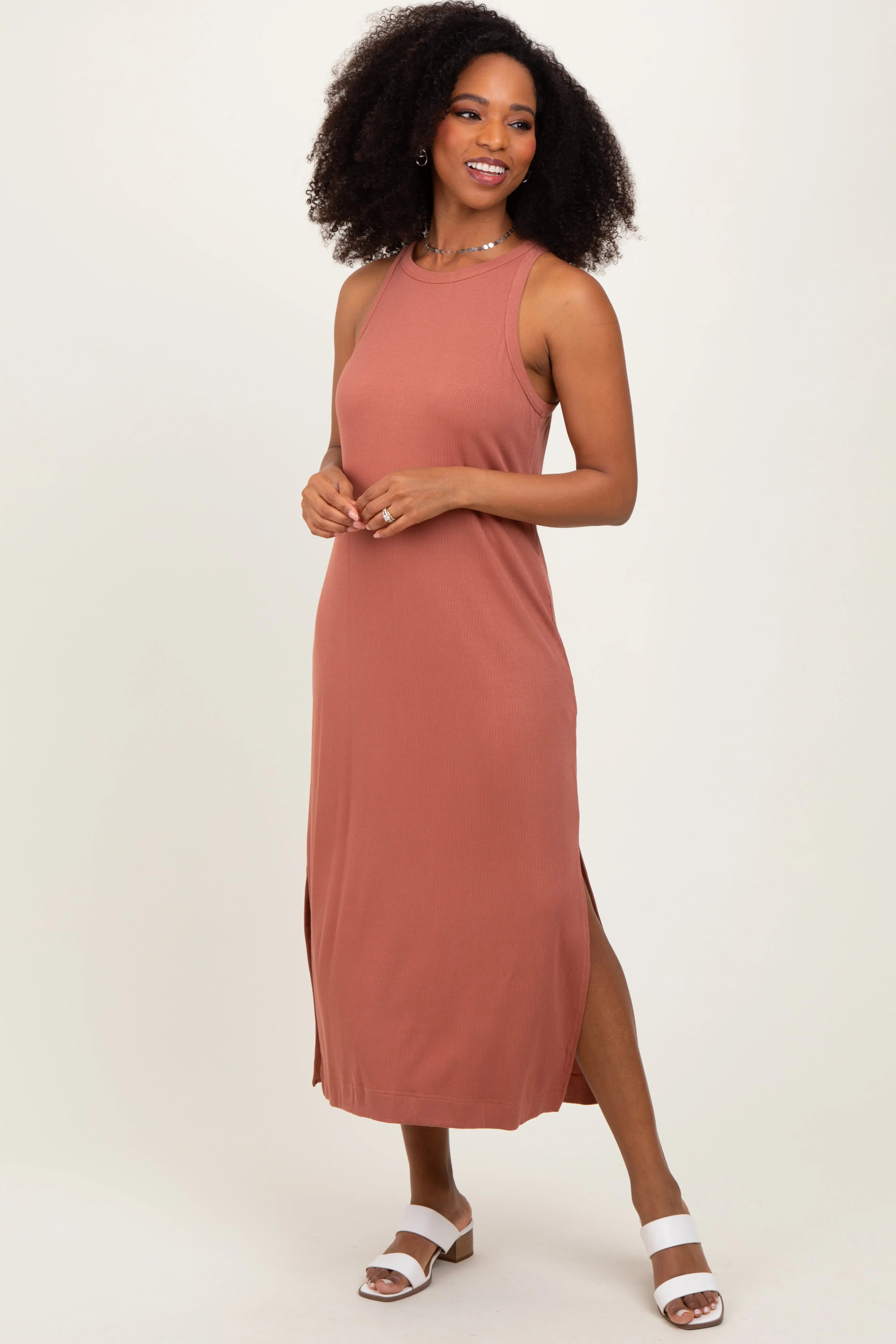 Rust Sleeveless Side Slit Maternity Midi Dress PinkBlush