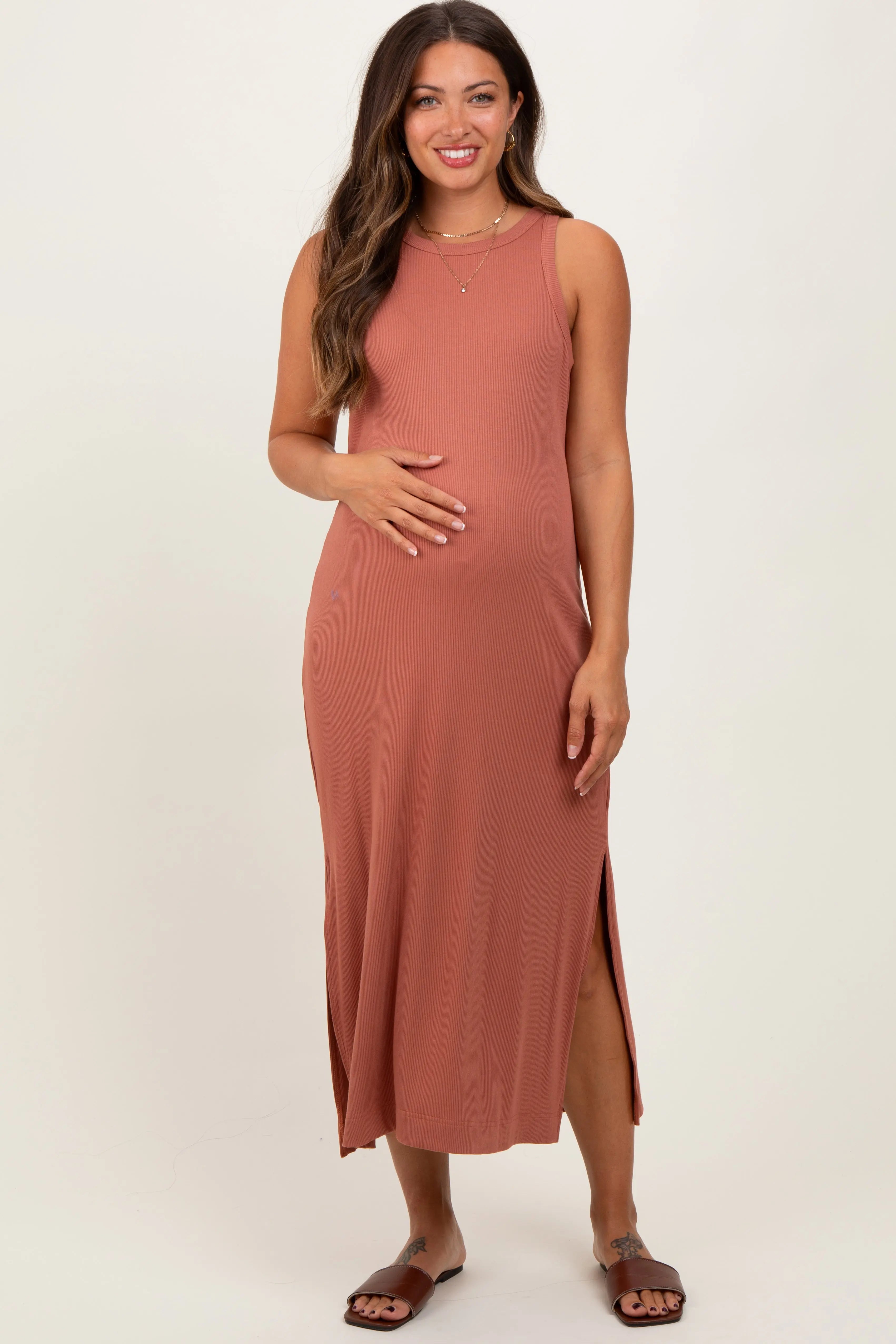 Rust Sleeveless Side Slit Maternity Midi Dress PinkBlush