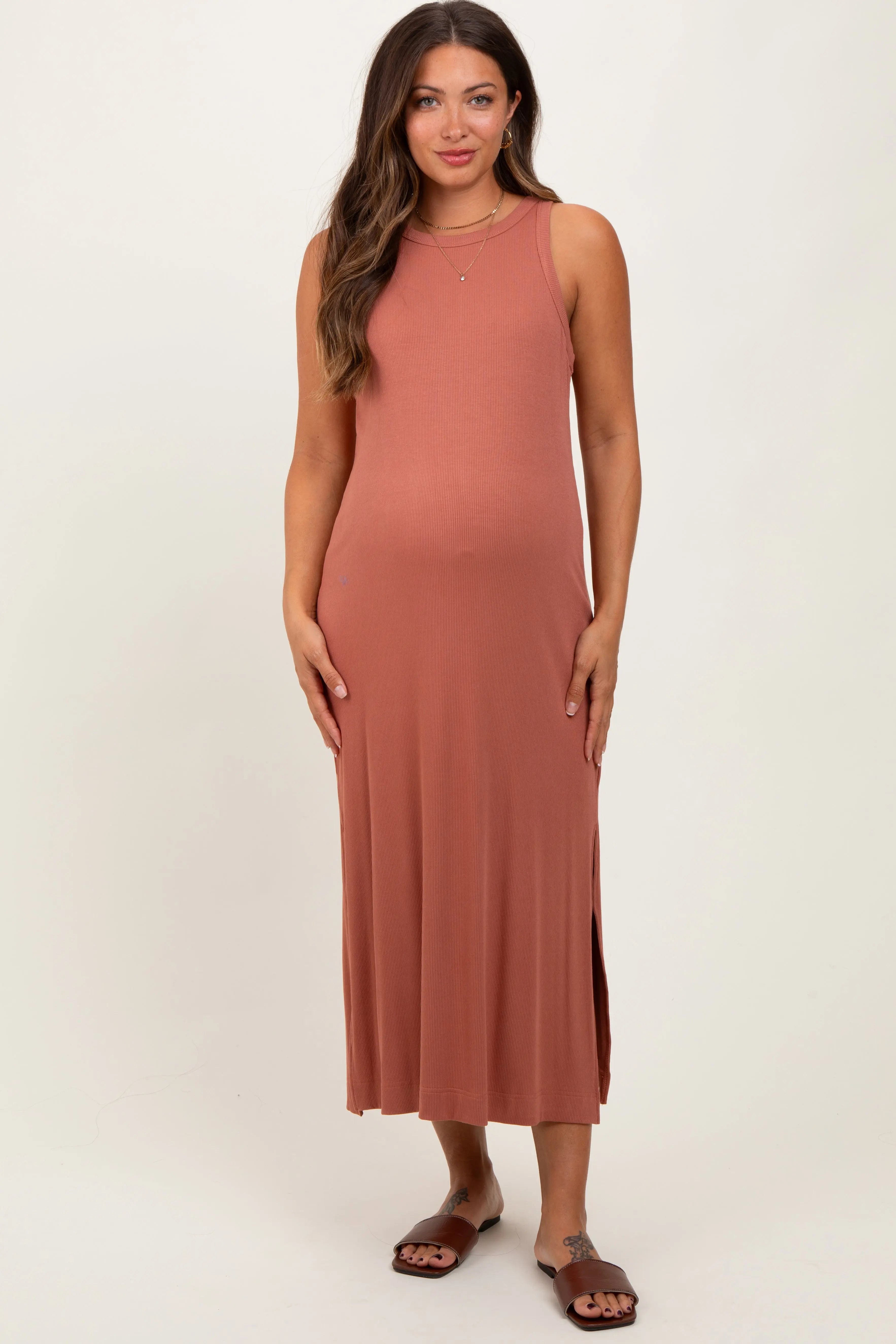 Rust Sleeveless Side Slit Maternity Midi Dress PinkBlush
