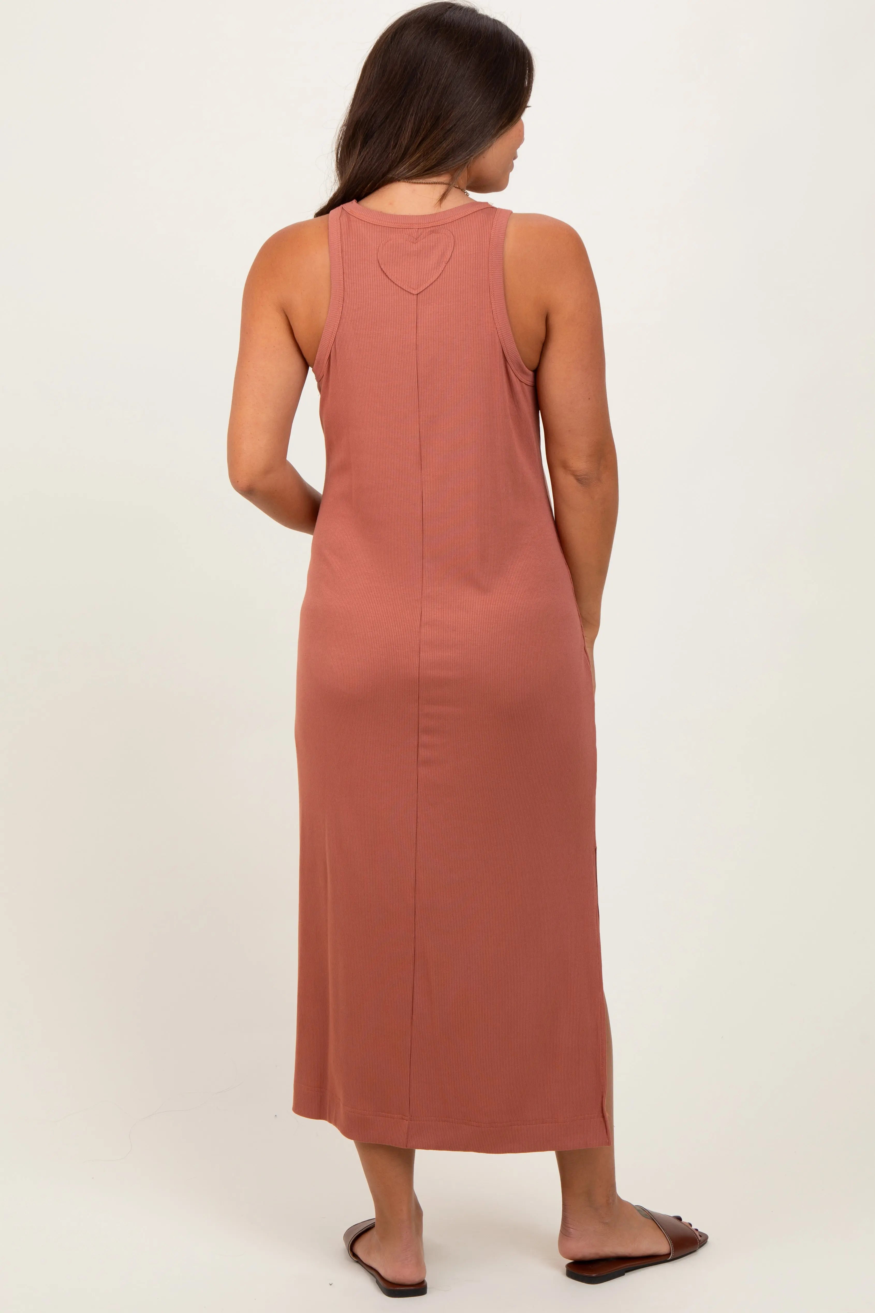 Rust Sleeveless Side Slit Maternity Midi Dress PinkBlush