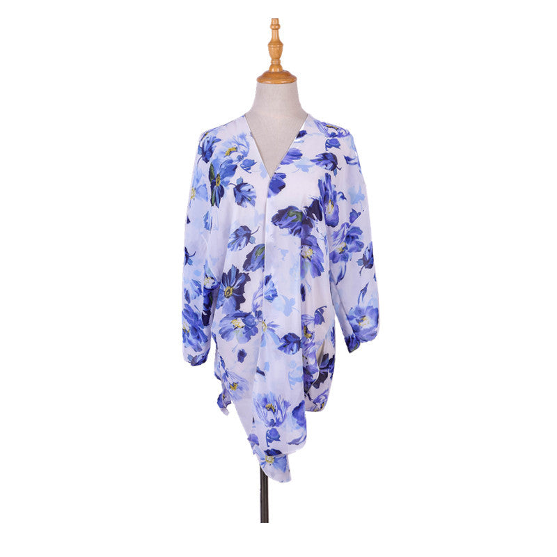 Spring Summer Fresh Blue Floral Light Chiffon Sunshade Beach Cover Up Half Sleeve Cardigan Bella Mia