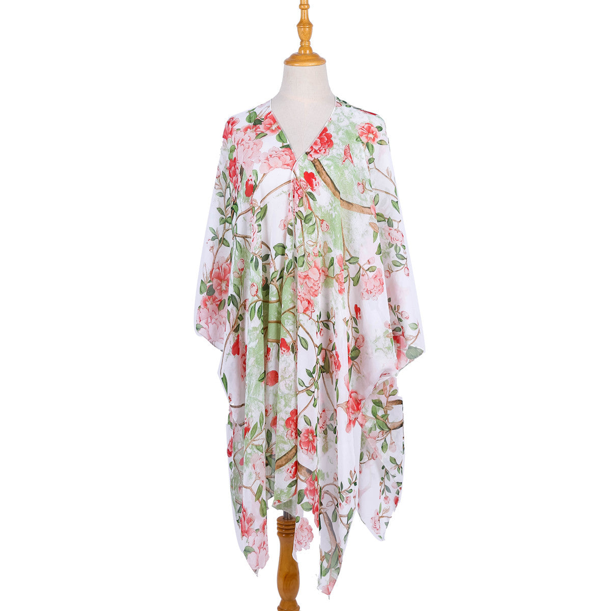 Pastoral Floral Cluster Green Leaf Vacation Travel Chiffon Beach Cover Up Coat Bella Mia
